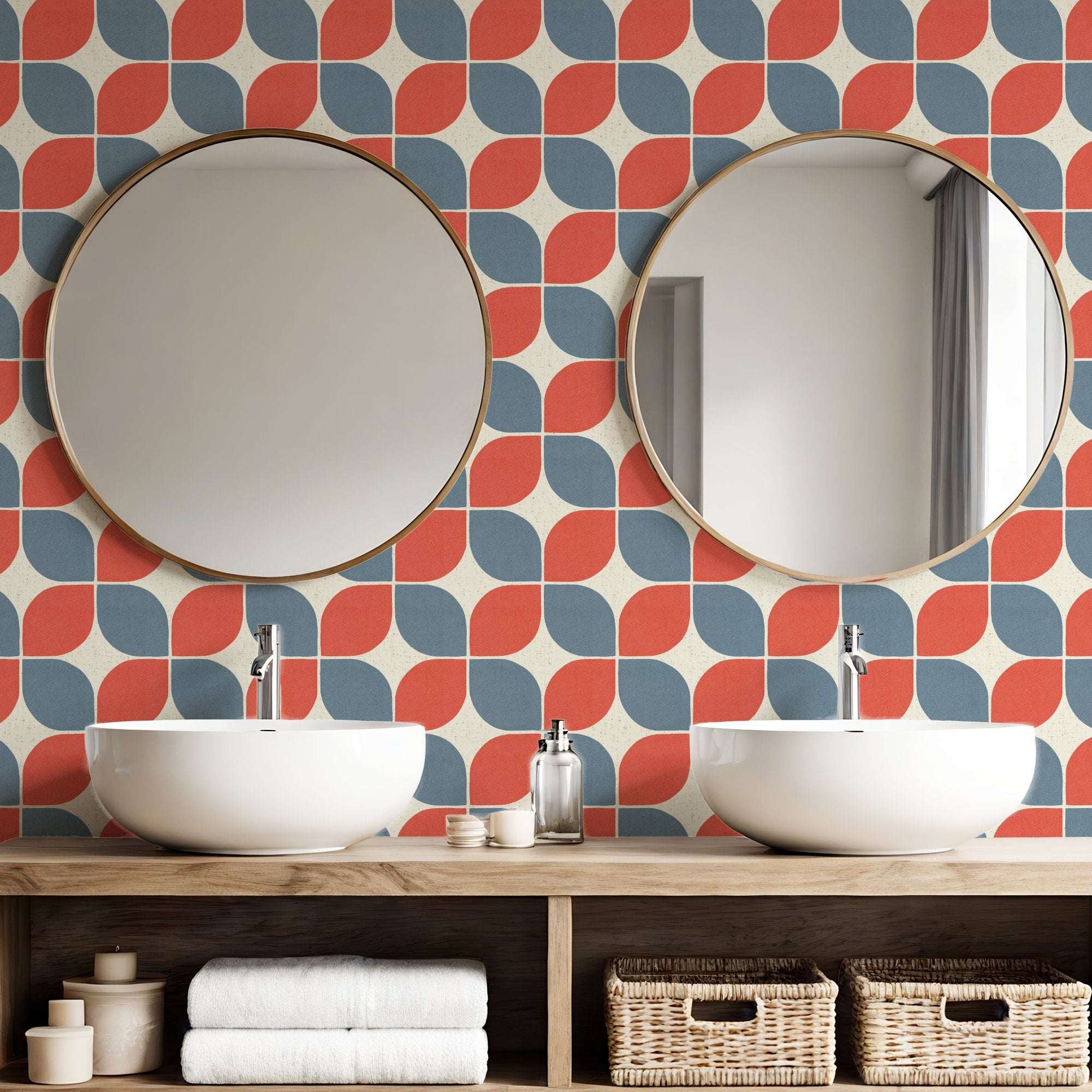Geometric square wallpaper with red and blue overlapping shapes on a light base