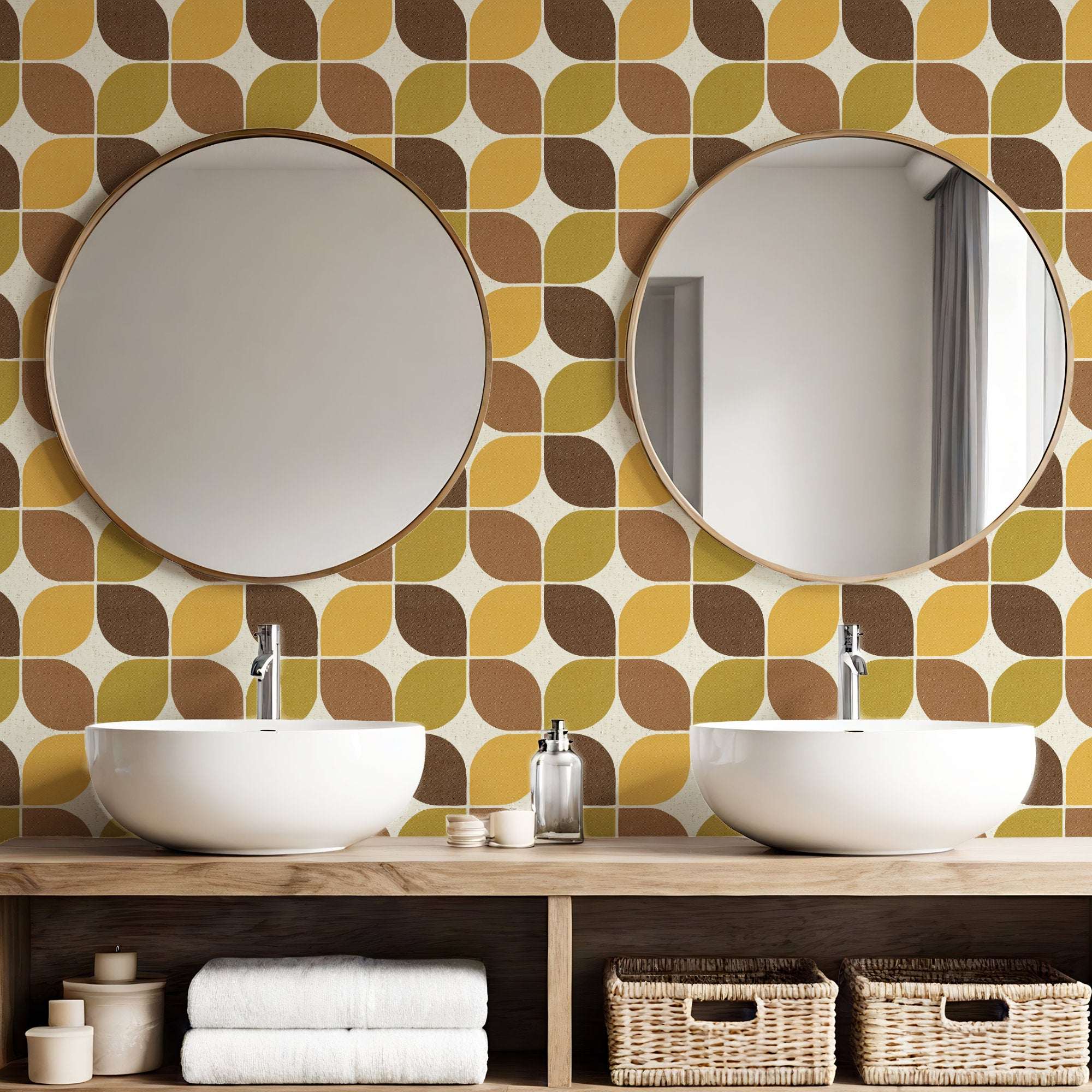 Geometric square wallpaper with yellow and brown overlapping shapes on a light base