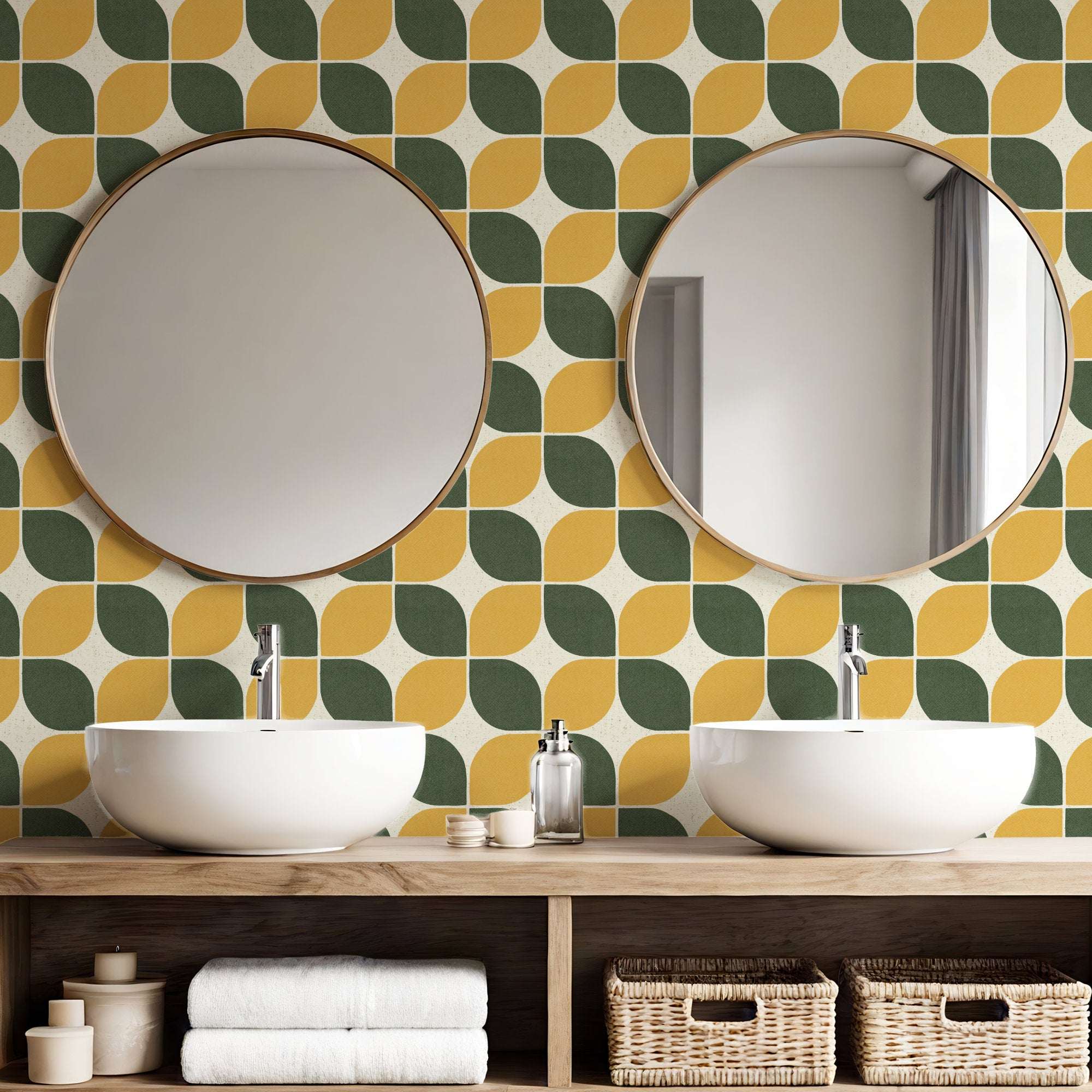 Geometric square wallpaper with yellow, brown, and dark green shapes on a light base