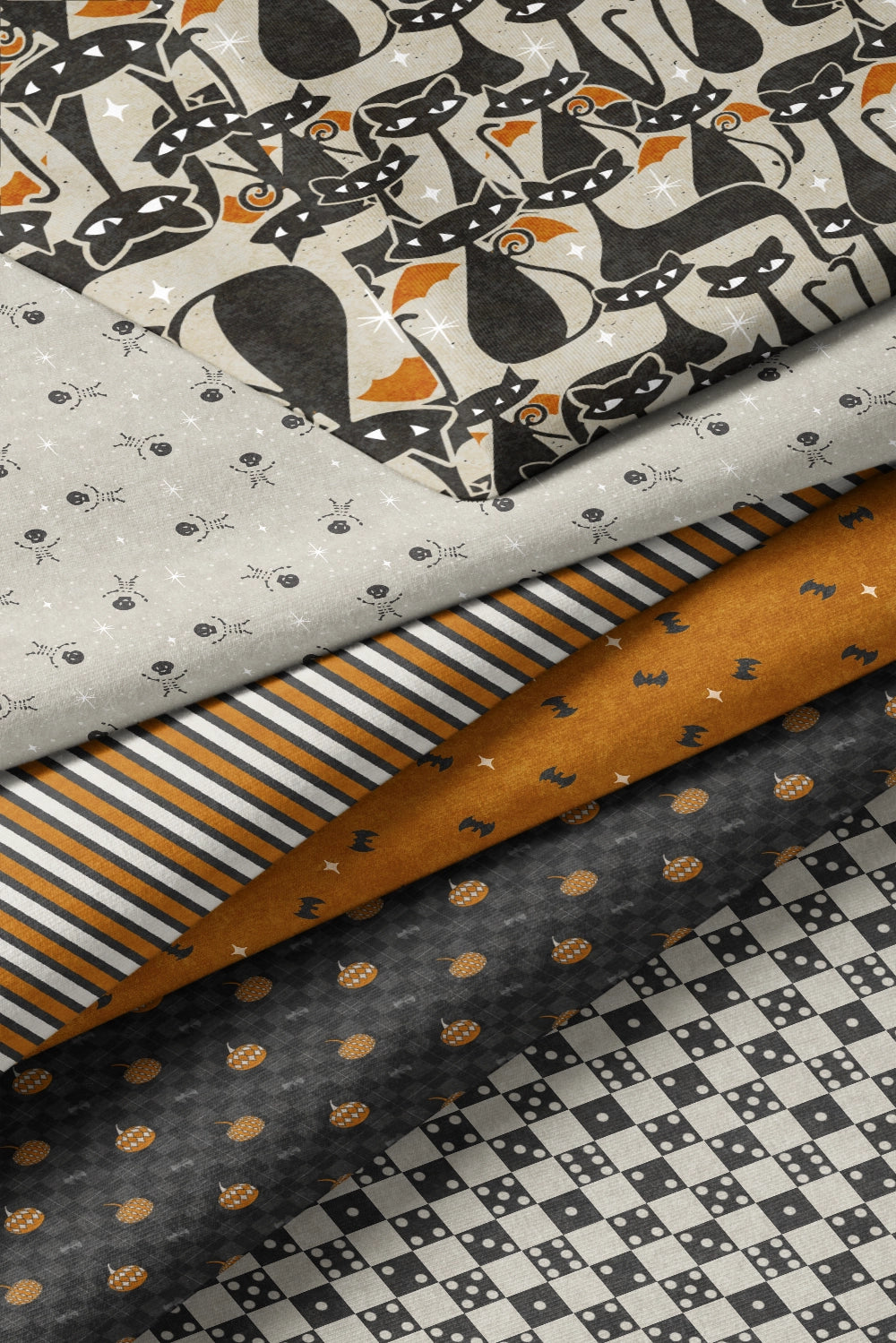 Mid-century modern Halloween pattern design collection – vintage-inspired fabrics with atomic cats, pumpkins, and geometric prints in autumn shades, available as wallpaper and fabric from Summer Skye Studio
