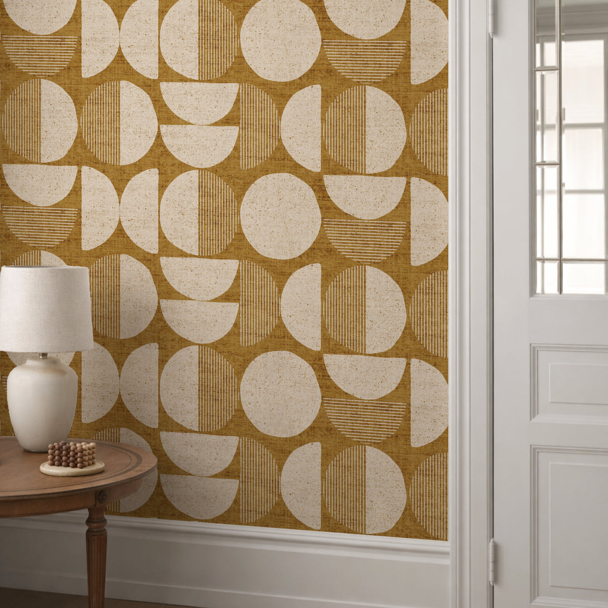 Mustard yellow mid-century modern circle wallpaper in hallway with white panelling