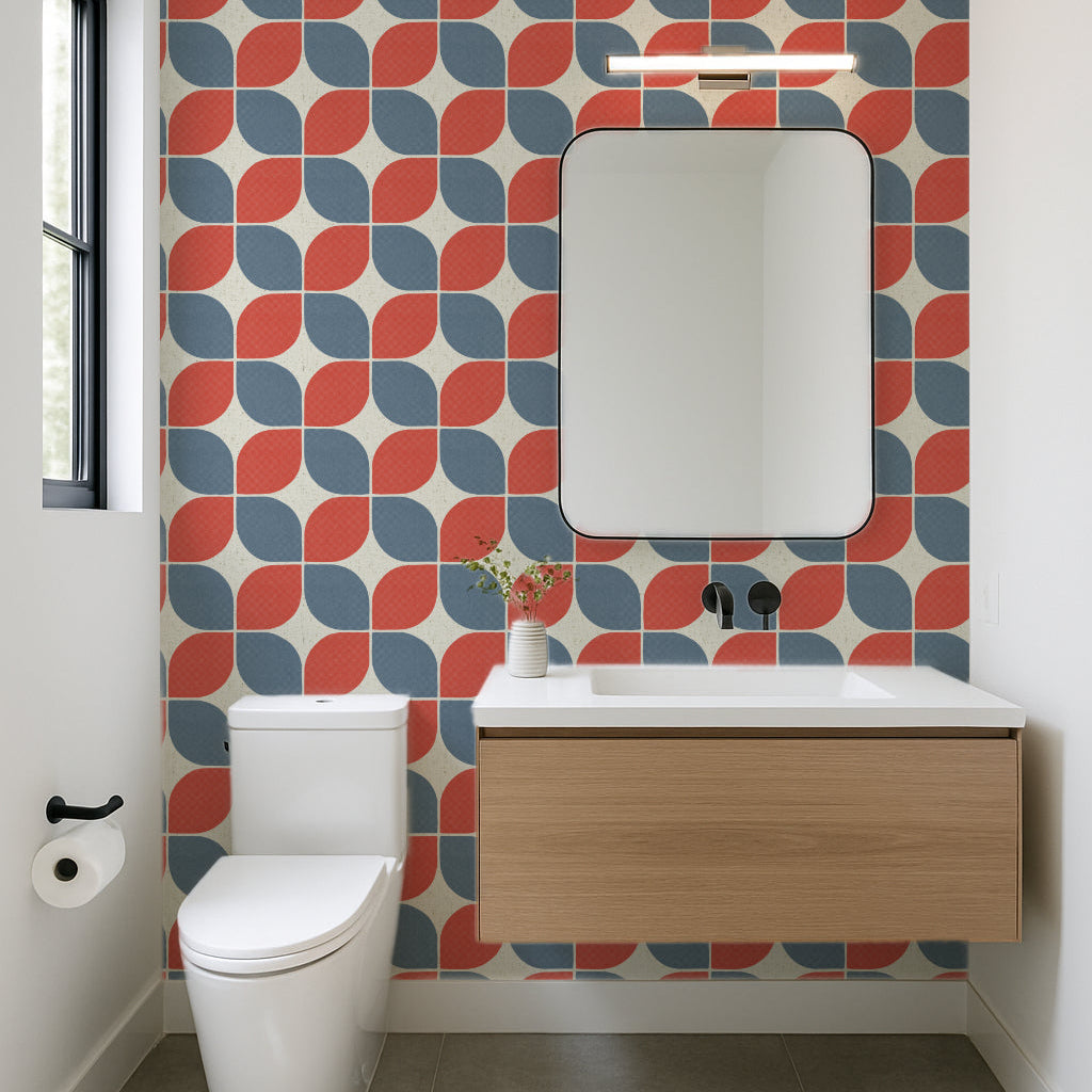 Mid-century modern geometric wallpaper featuring a straight repeat square pattern in navy blue and muted red. The retro 1950s design creates a structured grid, perfect for an MCM living room or feature wall.