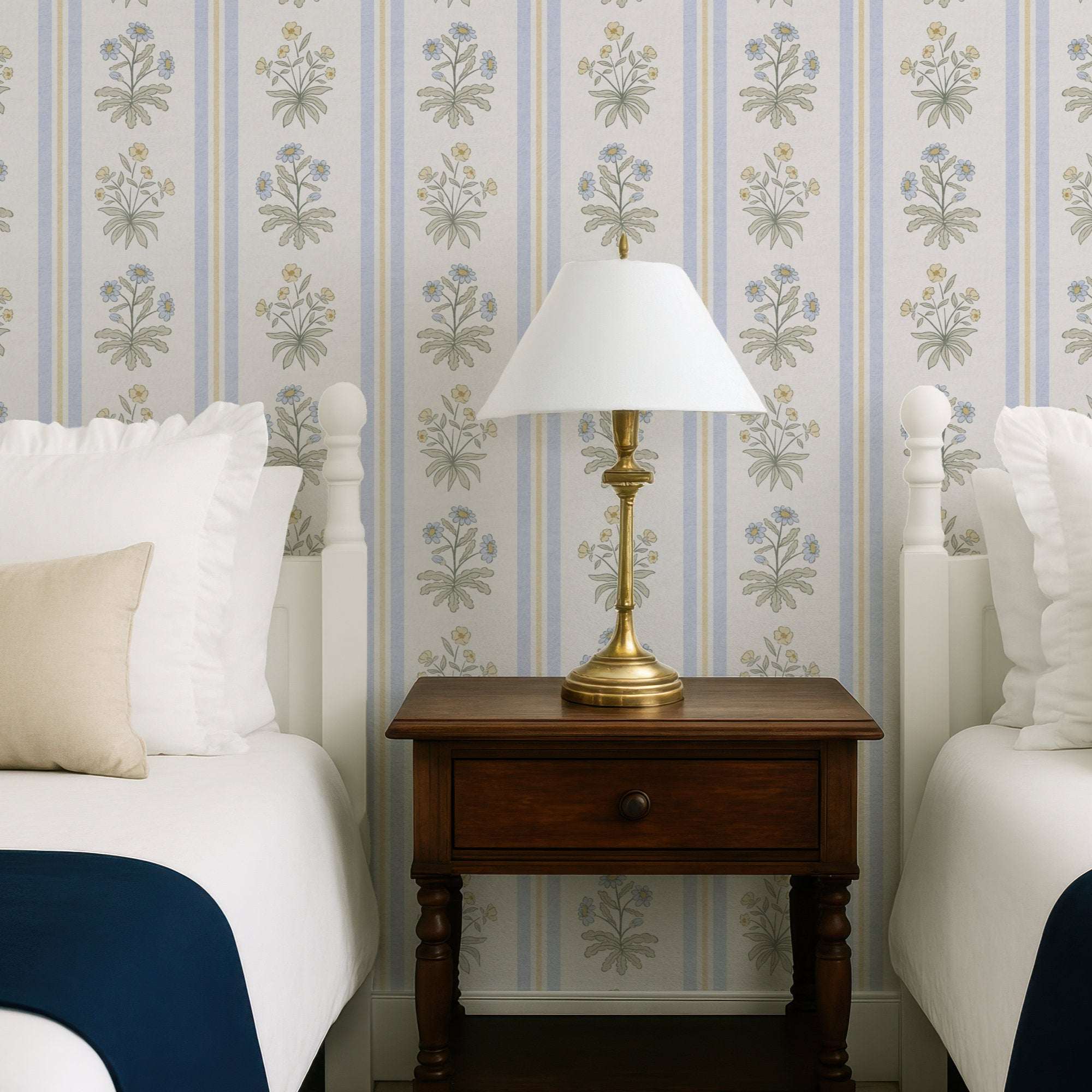 Floral stripe wallpaper with cottage flowers on pale background and vertical blue stripes