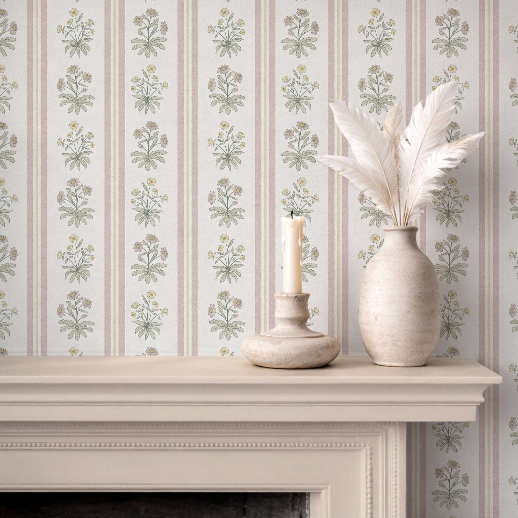 Floral stripe wallpaper with cottage flowers on pale background and vertical blue stripes