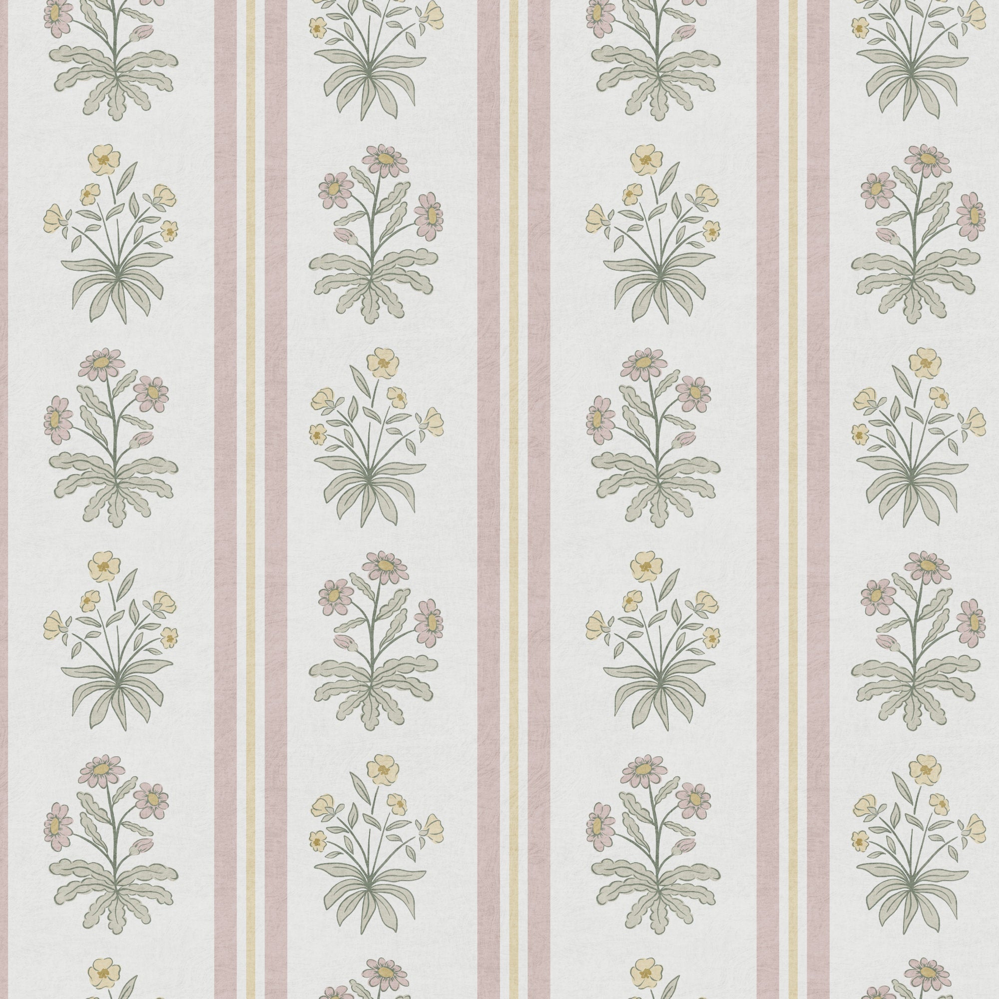 Floral stripe wallpaper with cottage flowers on pale background and vertical pink stripes