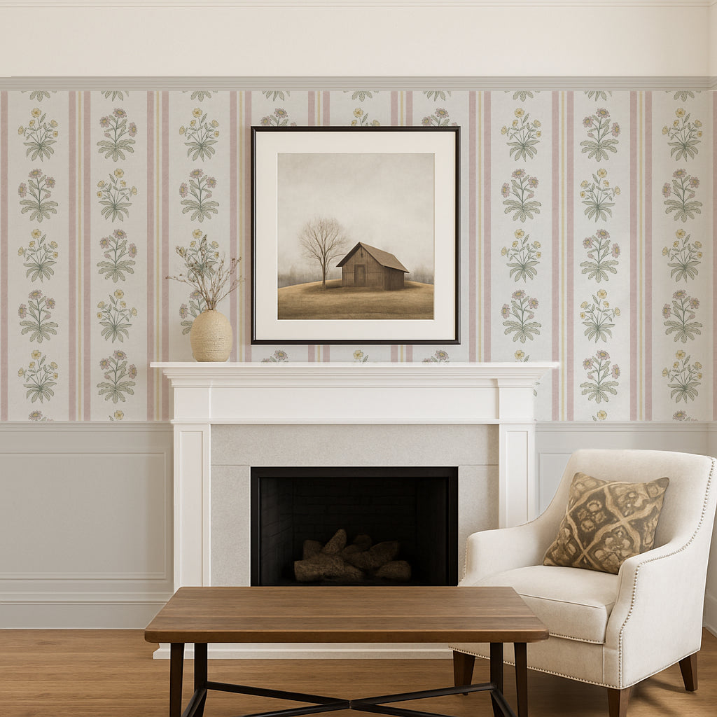 Pink and yellow floral striped wallpaper in a traditional living room with a fireplace and armchair