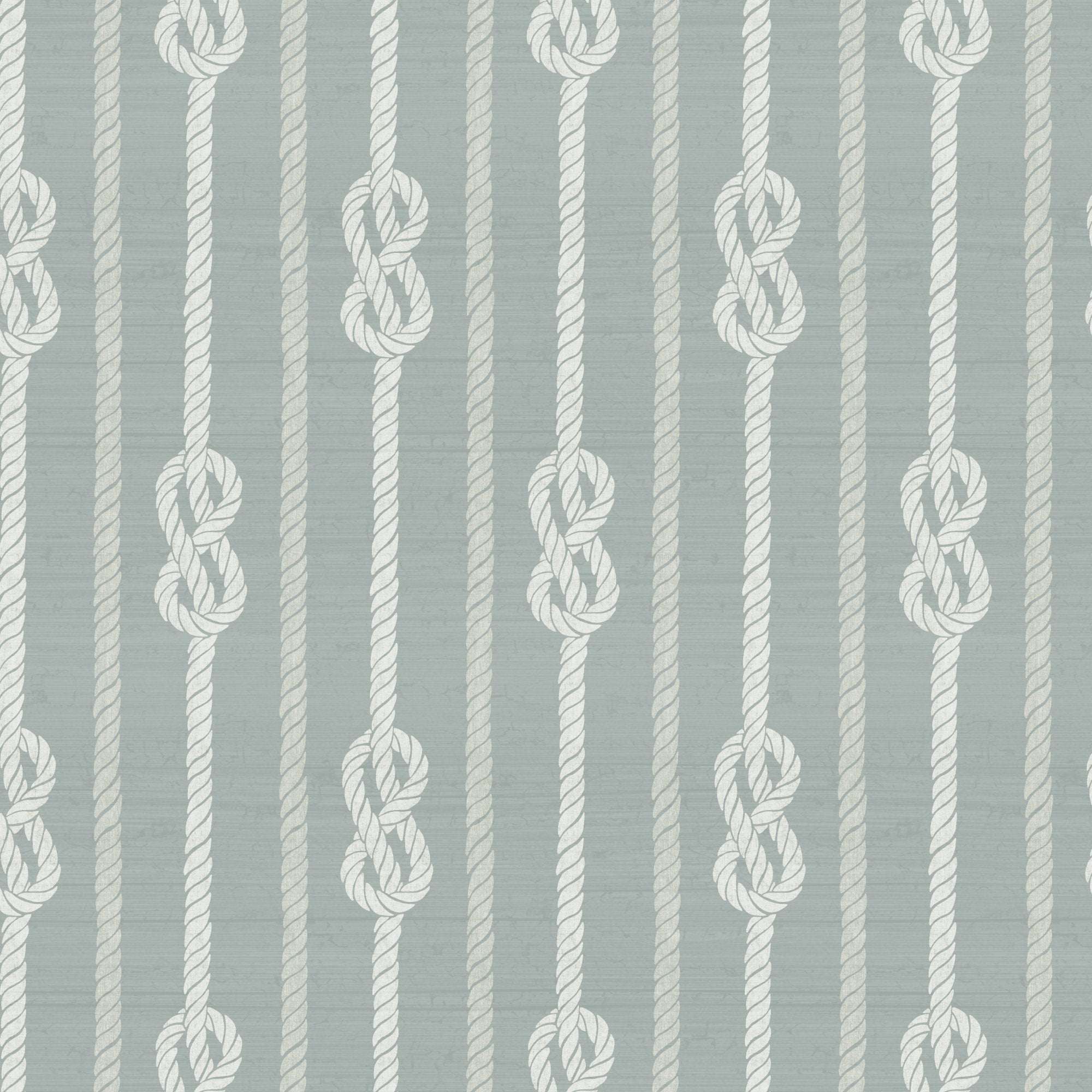 Nautical knot rope stripe wallpaper close-up: light blue stripes with white rope knots