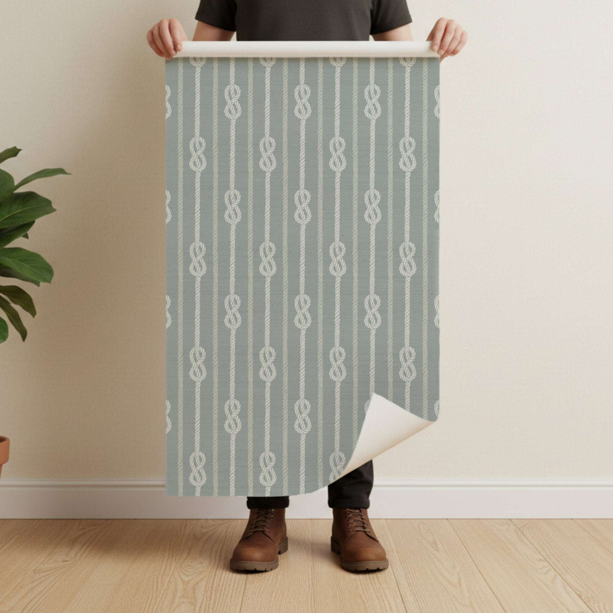 Nautical knot rope stripe wallpaper sheet, light blue background with white rope knots