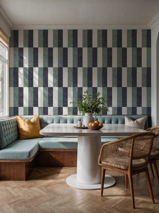 Navy & Aqua Retro Wide Striped Wallpaper in dining nook with banquette seating and round table