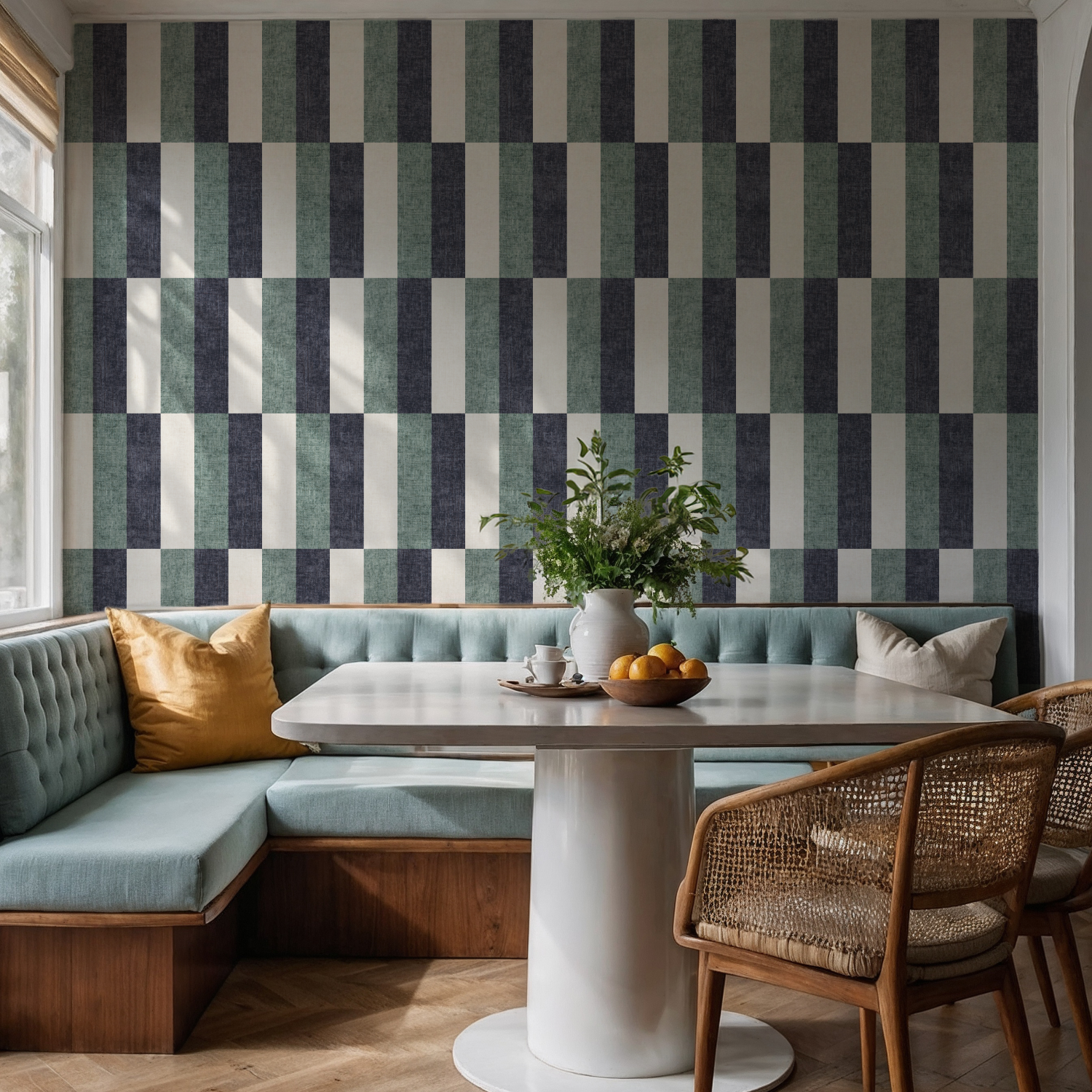 Navy & Aqua Retro Wide Striped Wallpaper in dining nook with banquette seating and round table