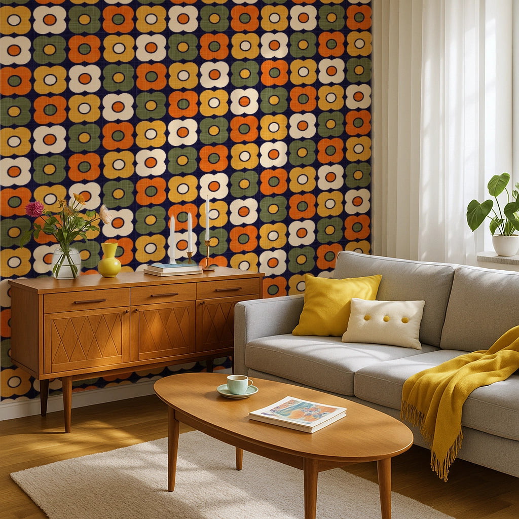 Navy and orange retro floral wallpaper – vintage 70s look styled in a mid century modern living room