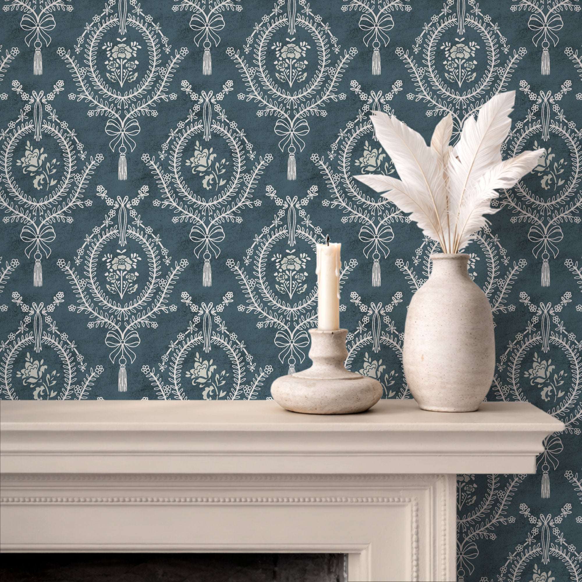 Teal neoclassical floral wallpaper with ornate medallions, bows, and tassels pattern.