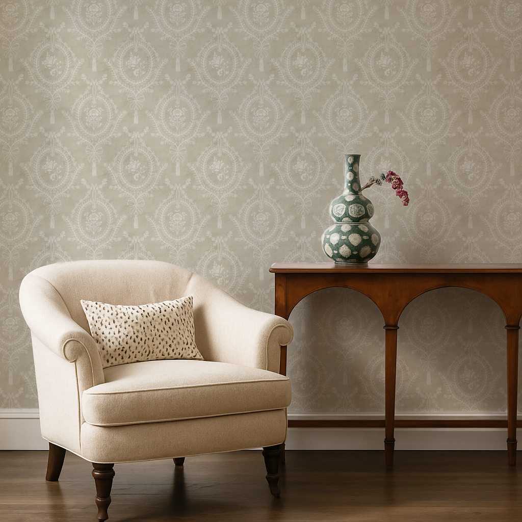 Neutral Damask Wallpaper – soft neoclassical floral medallion wallpaper creating a light and airy lounge with cream furnishings.