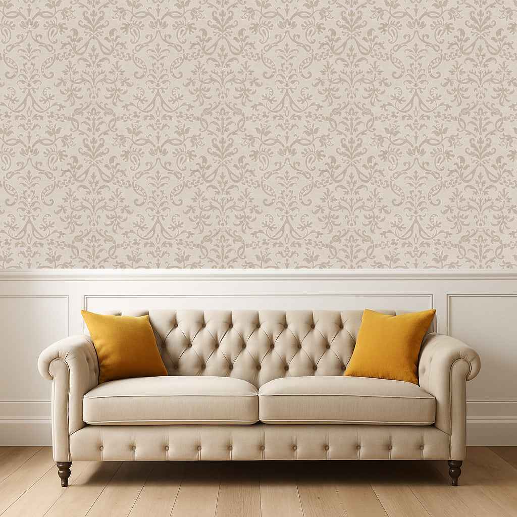 Victorian Damask Floral Wallpaper: Neutral, Pink, Blue & Green Vintage Design for Classic Interiors.