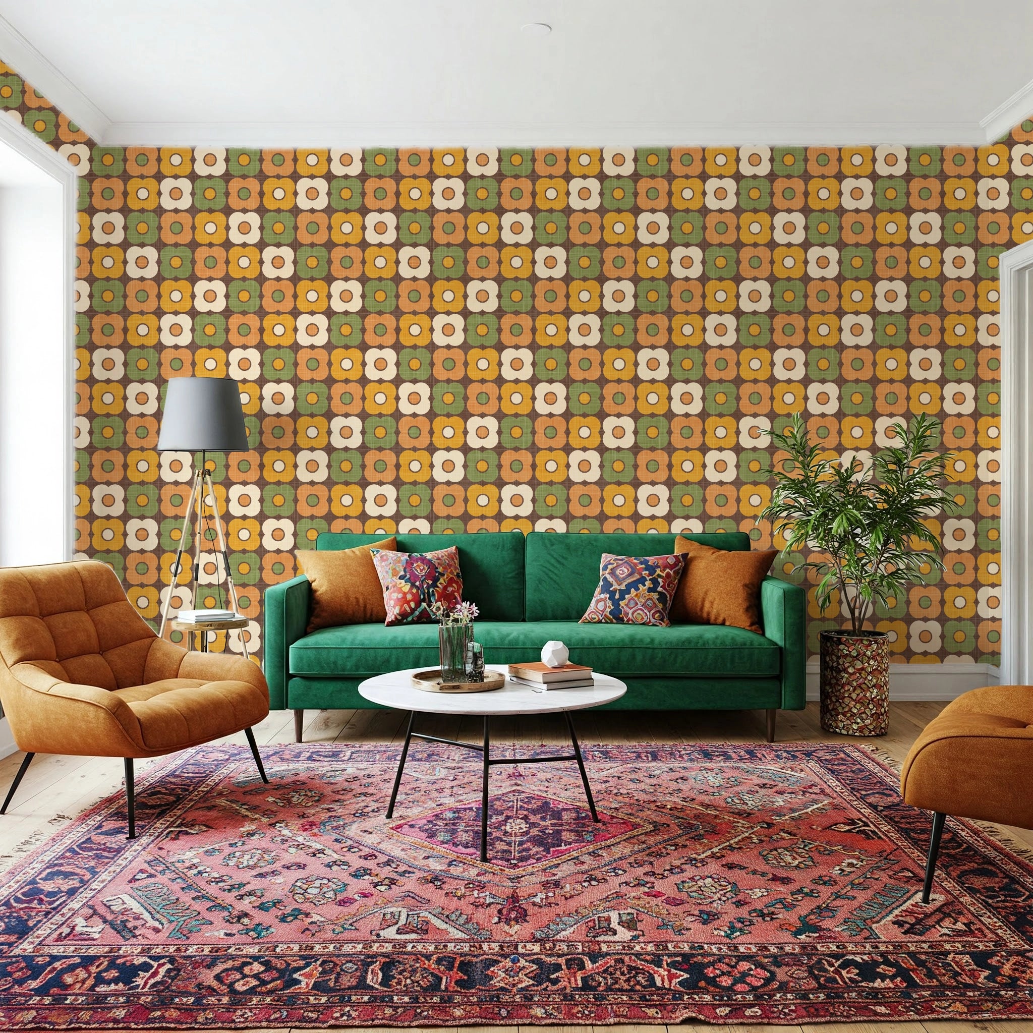 Olive and mustard retro floral wallpaper – mid century inspired feature wall in eclectic living room