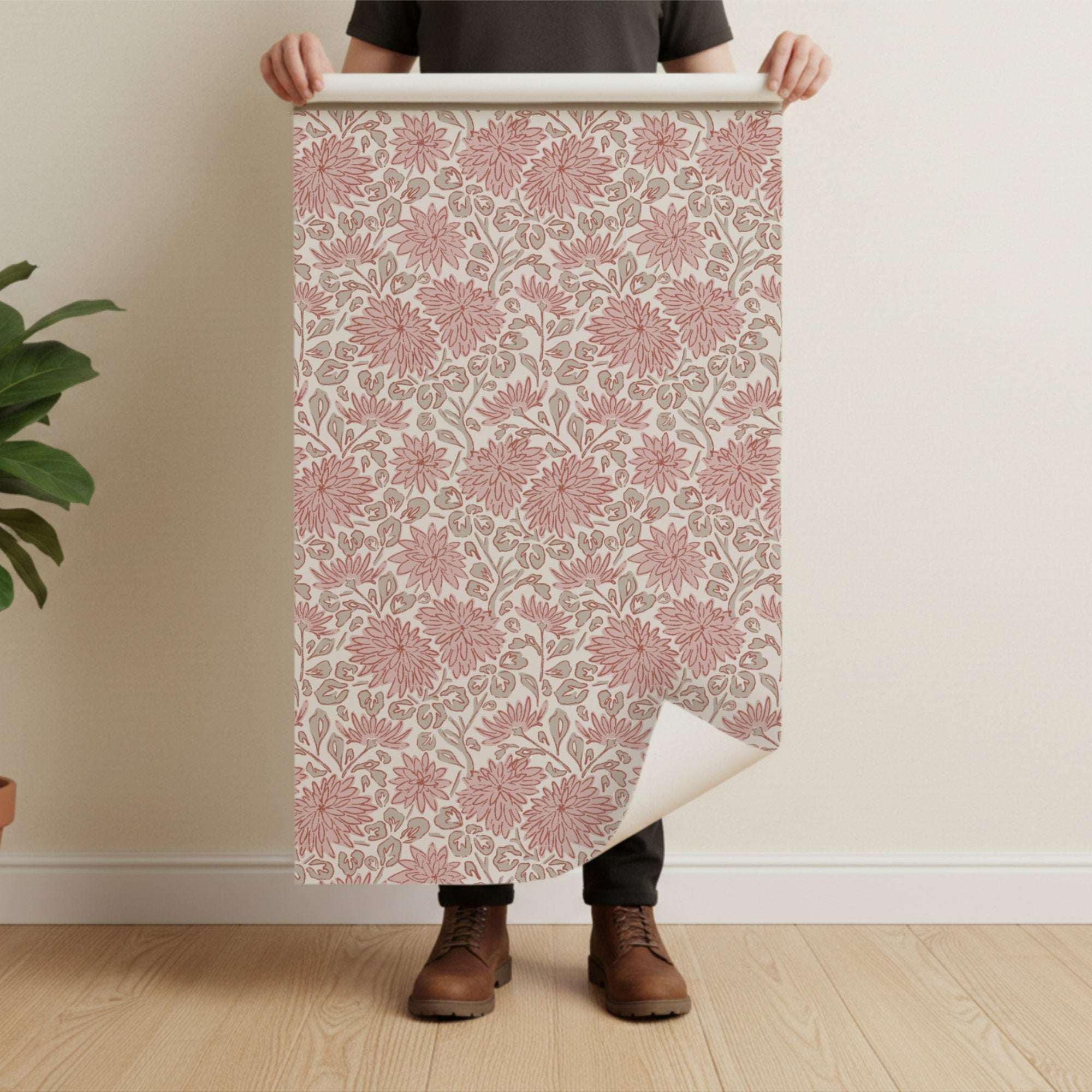 Pink floral wallpaper sheet with hand-drawn dahlias and leaves on light ground