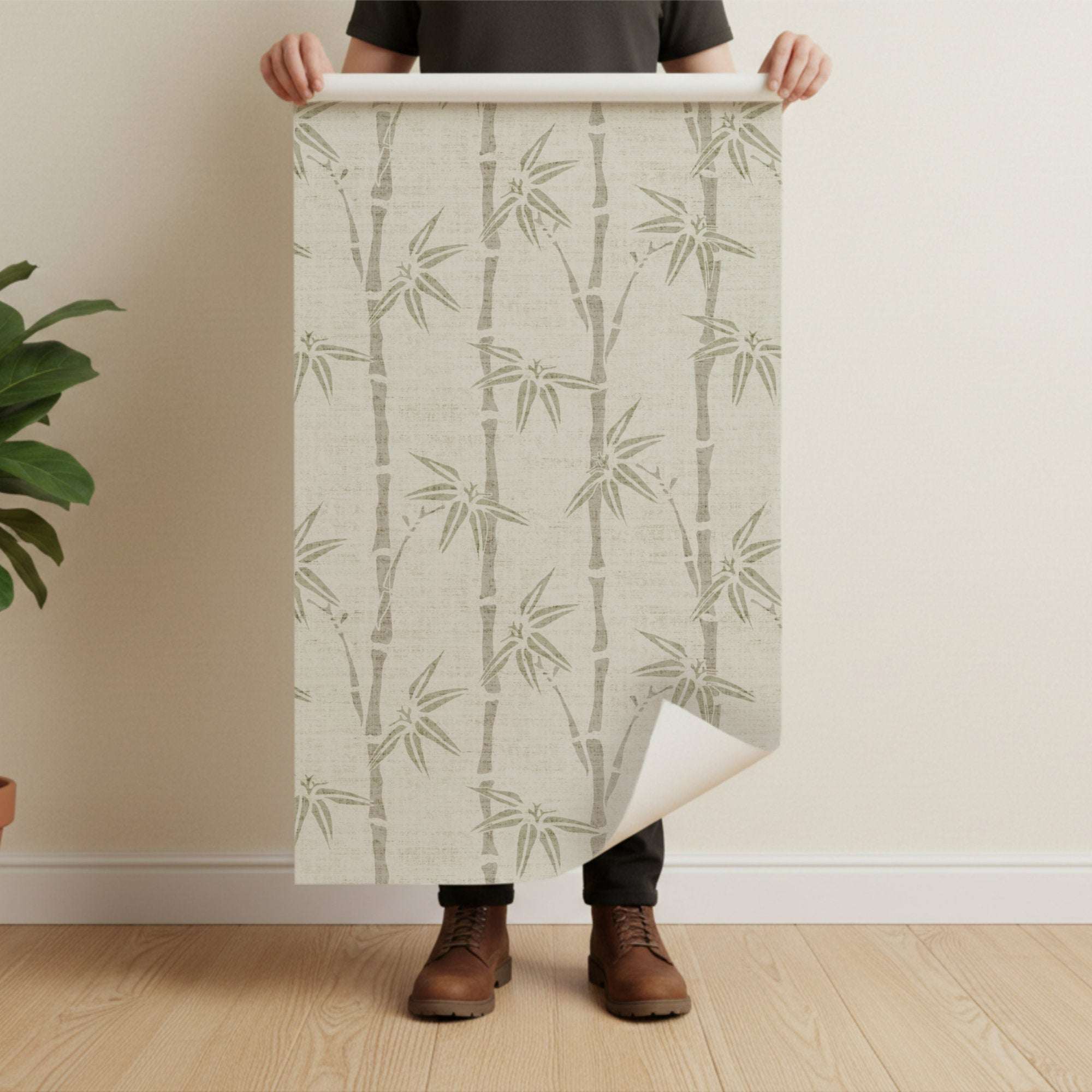 Bamboo wallpaper sheet with off-white backing and light green stalk-and-leaf motif