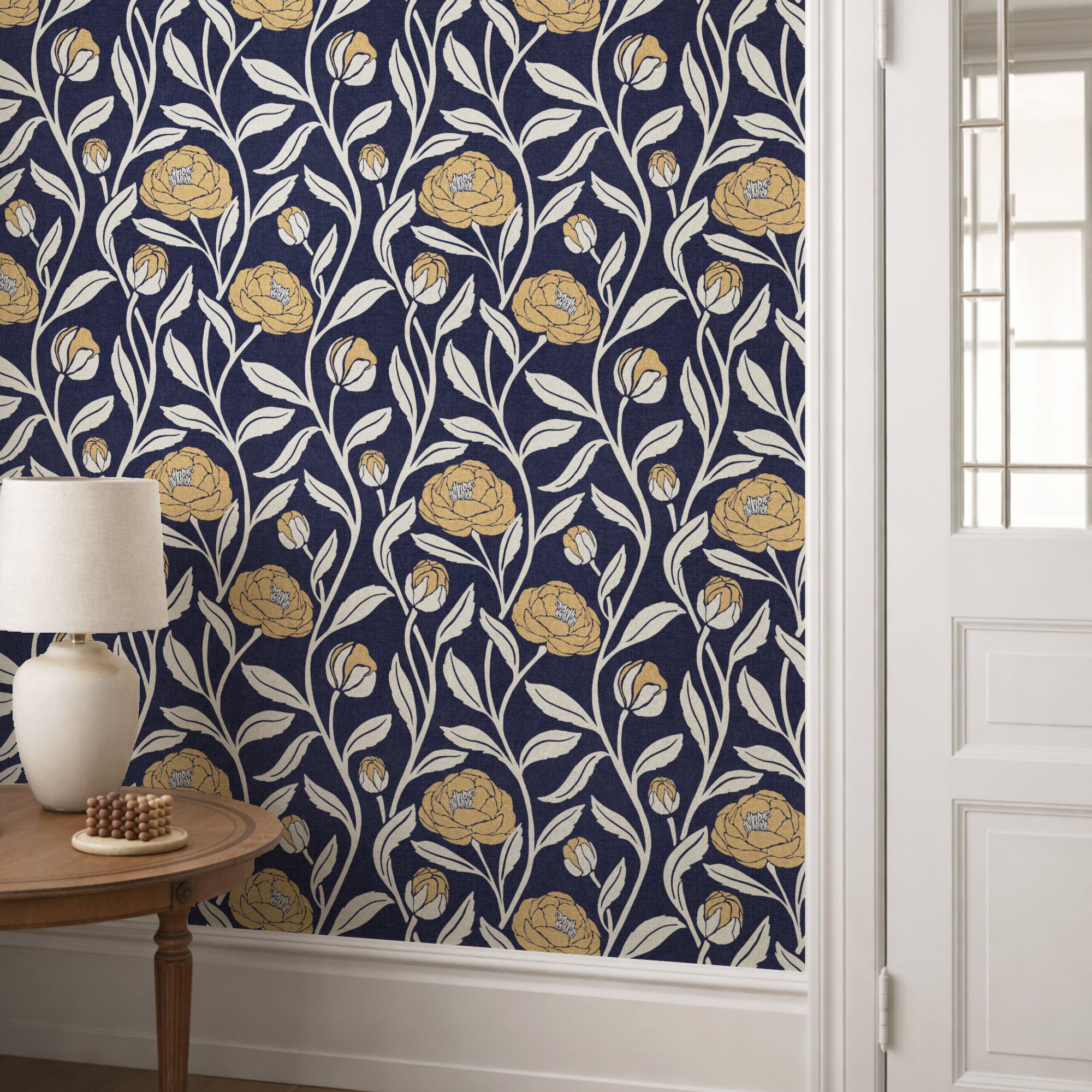 Navy peony flower wallpaper in a hallway, gold peonies on a deep navy ground
