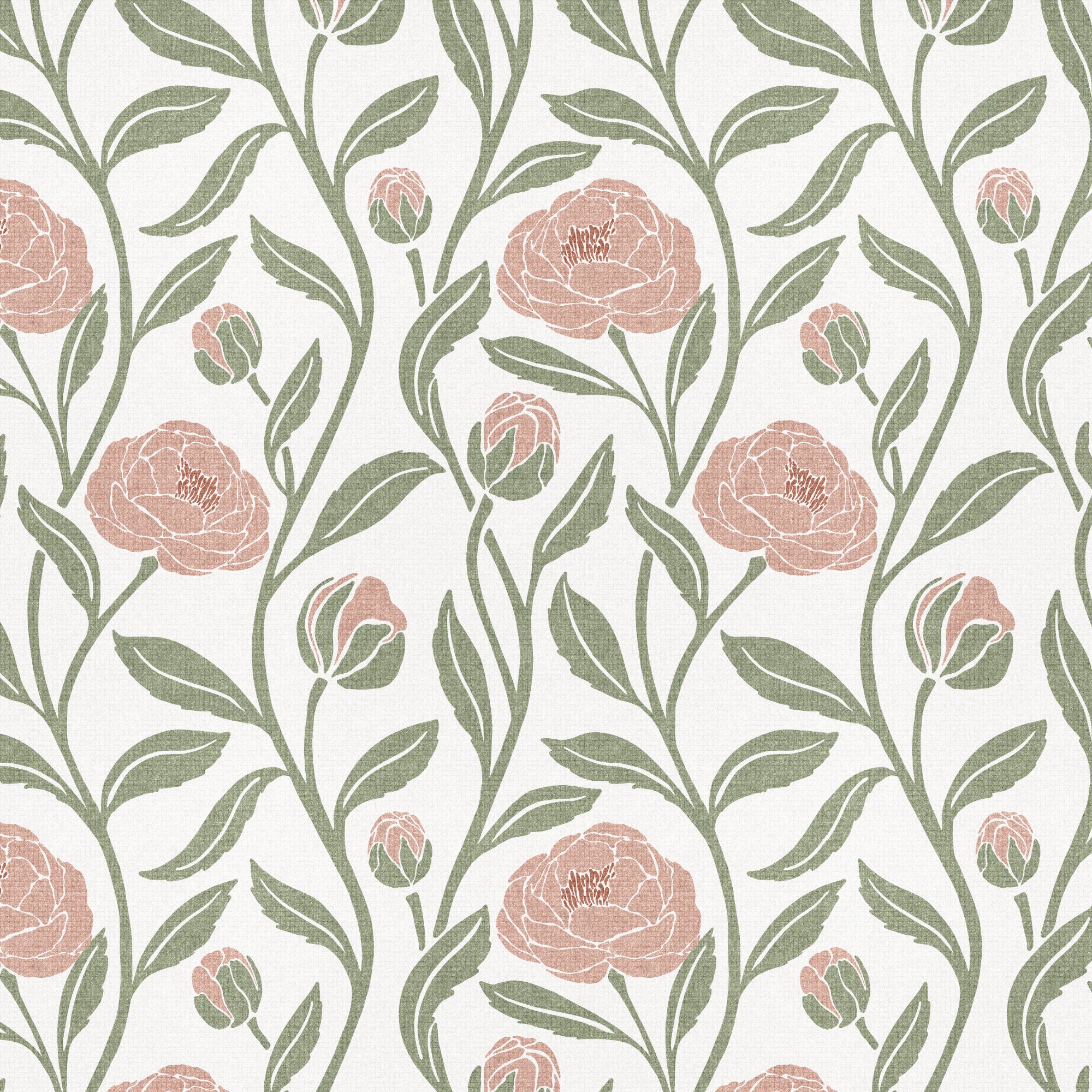 Blush pink peony flower wallpaper swatch, climbing peonies and buds on a cream ground