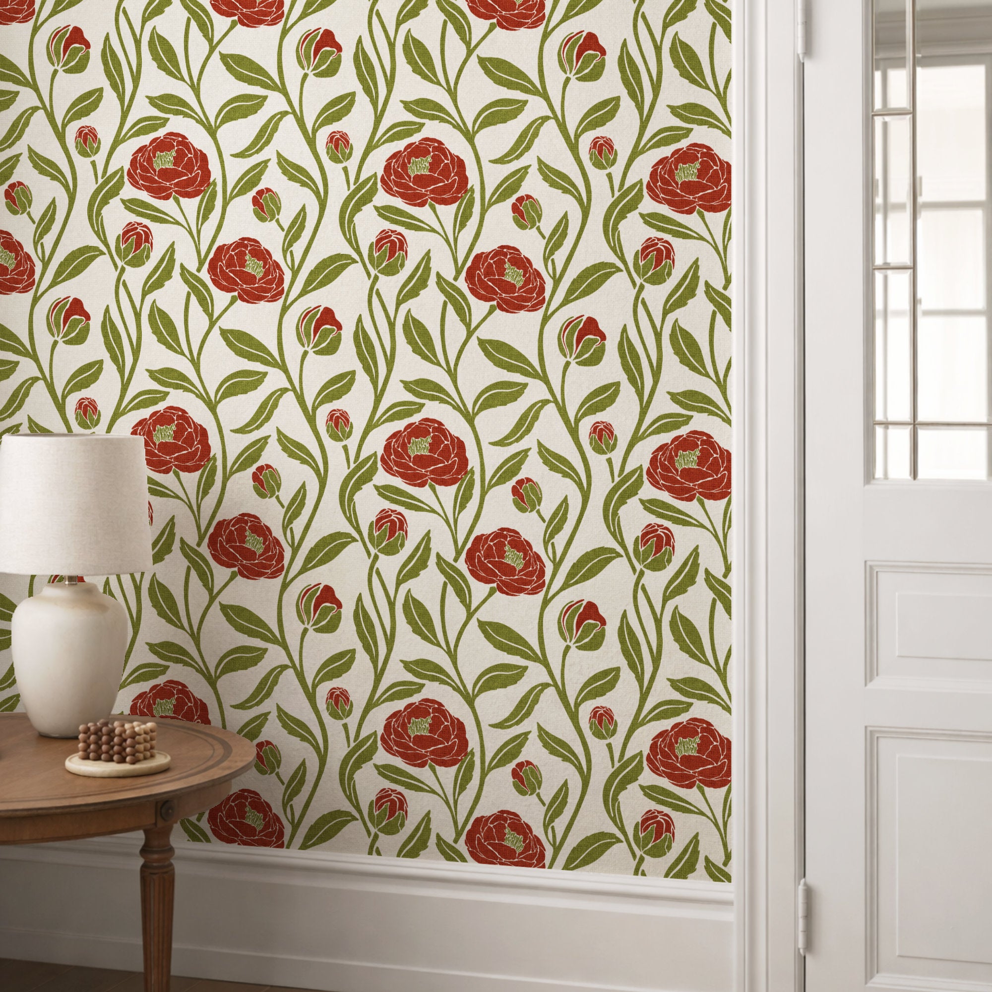 Red peony flower wallpaper in a hallway, bold red peonies with green leaves on cream
