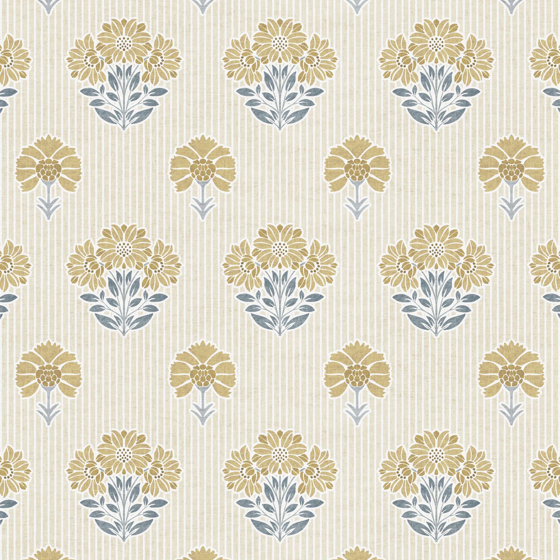 Close-up floral wallpaper pattern with yellow and blue blossoms on cream vertical stripes