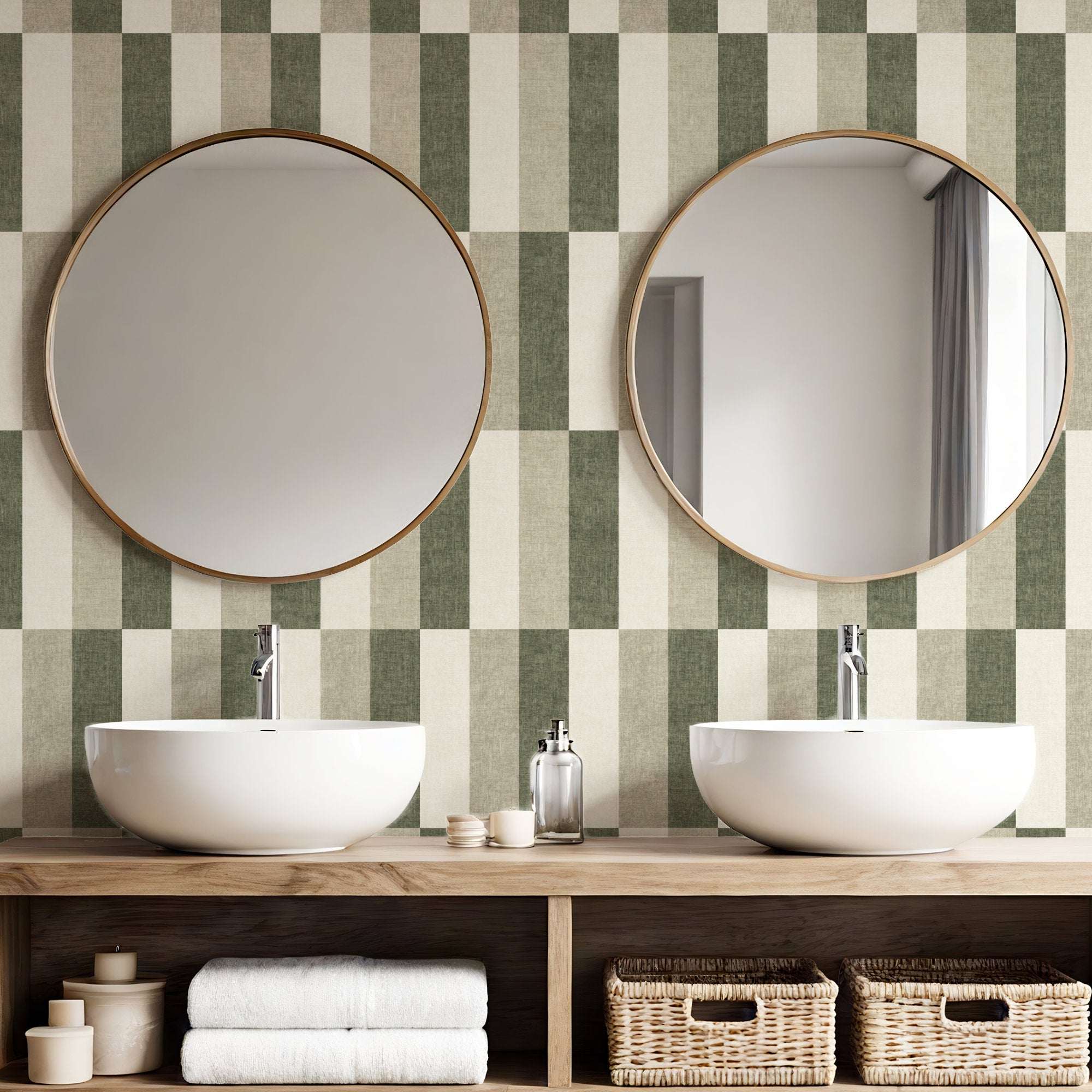 Green and cream check stripe wallpaper with staggered linen texture blocks