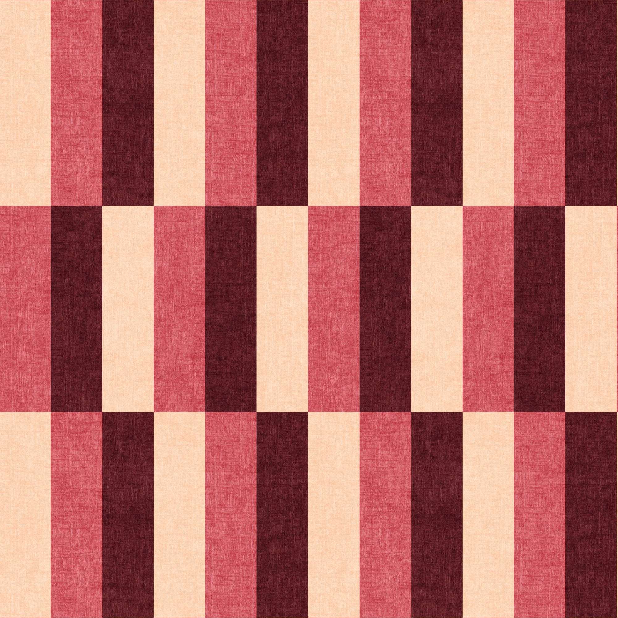 Burgundy and cream staggered stripe wallpaper with linen texture, check pattern