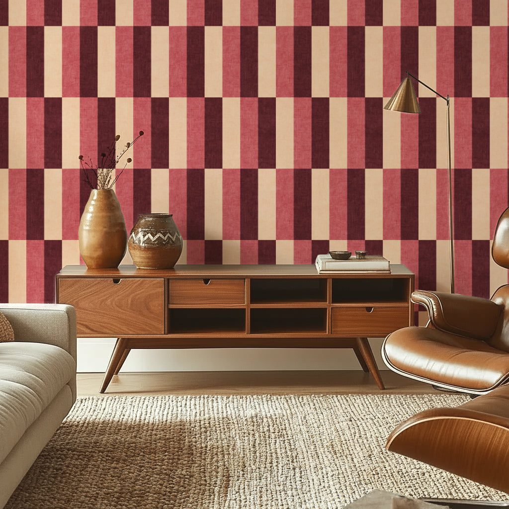 Wide stripe wallpaper in burgundy and blush pink on feature wall in living room with sideboard