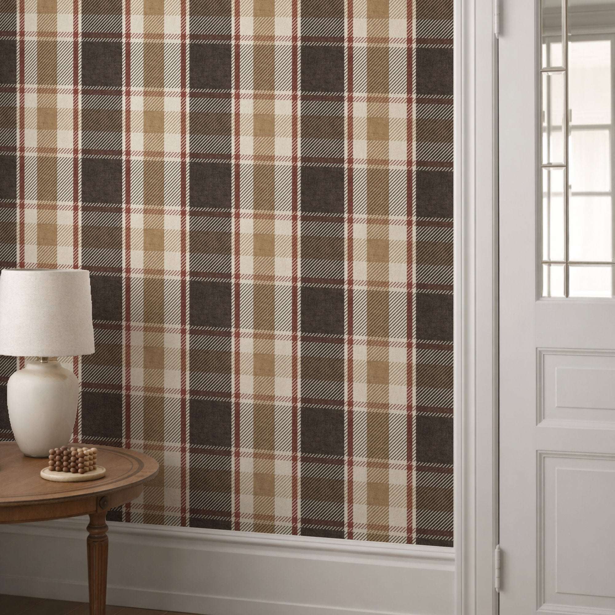 Tartan plaid wallpaper with muted red, tan, and cream stripes and dark vertical lines