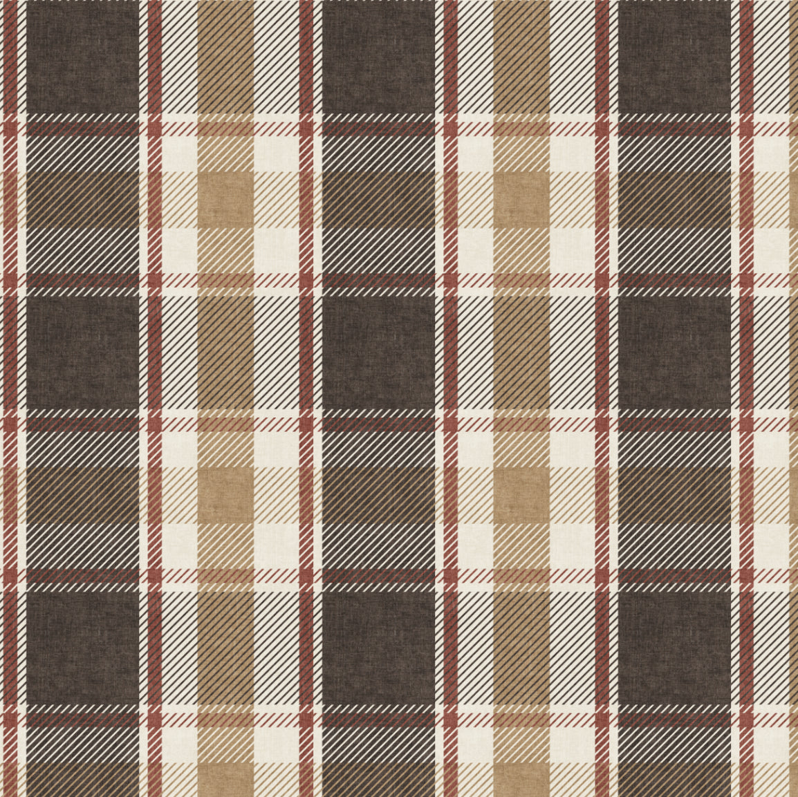 Close‑up of rustic plaid wallpaper showing 6 x 6 inch geometric woven check in brown, tan and cream.