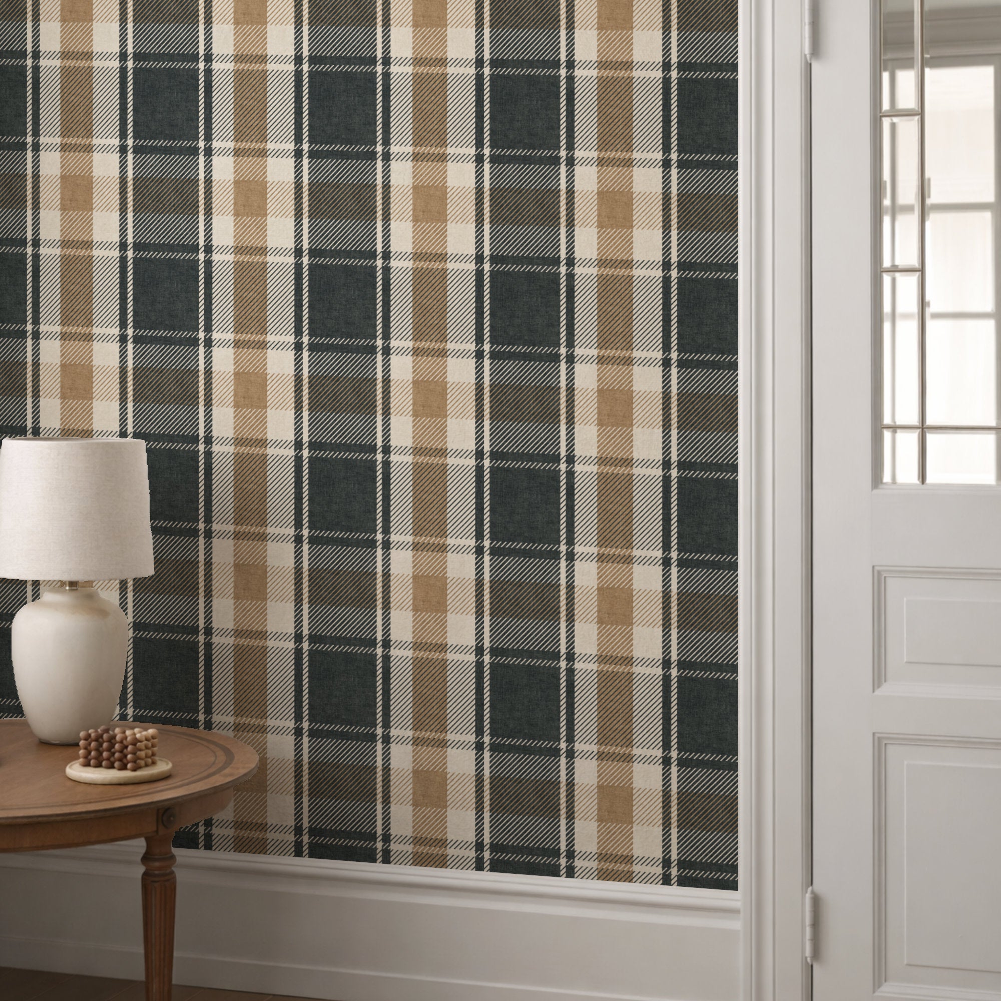 Tartan plaid wallpaper with dark teal, tan, and cream vertical and crosshatch stripes