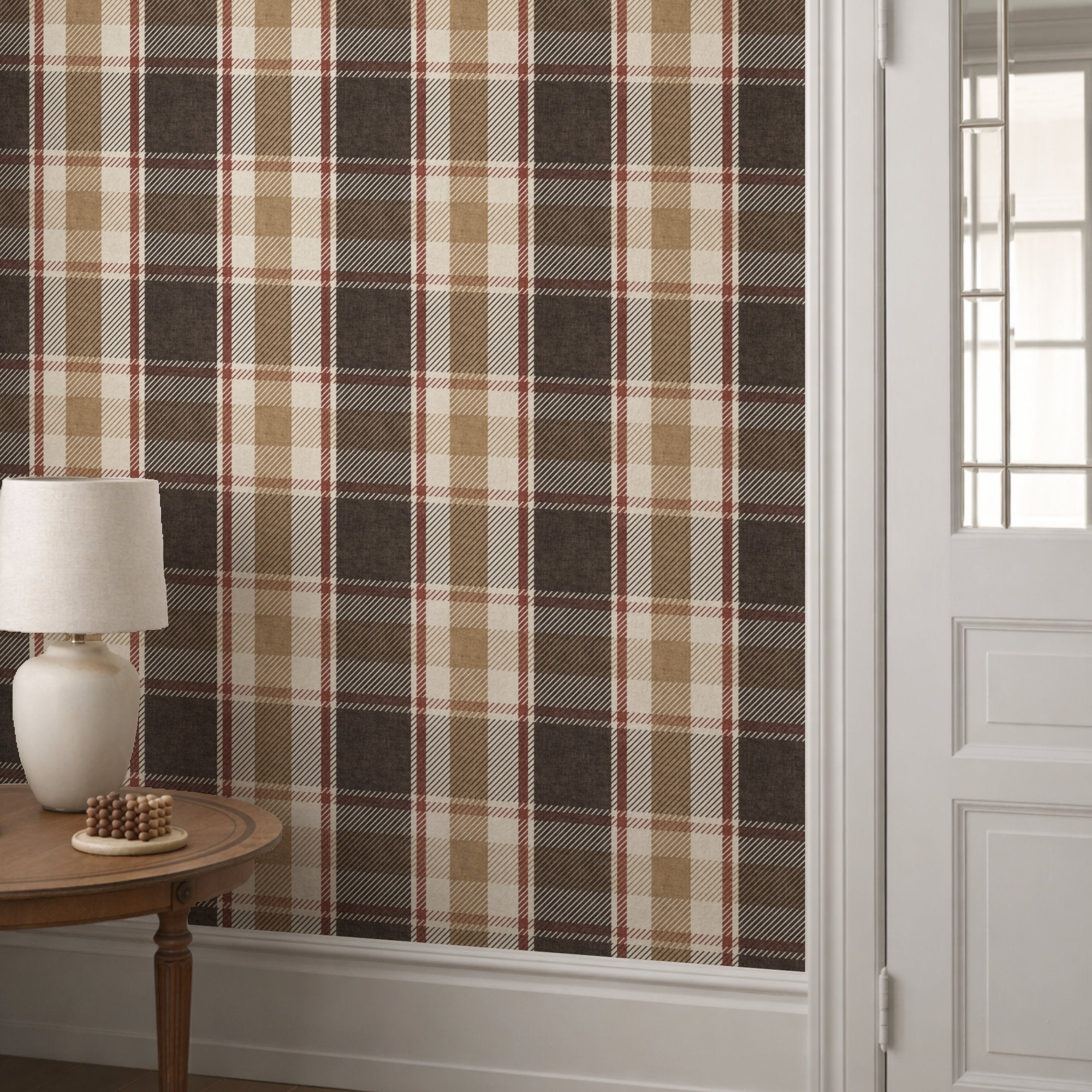 Tartan plaid wallpaper with muted red, tan, and cream stripes and dark vertical lines
