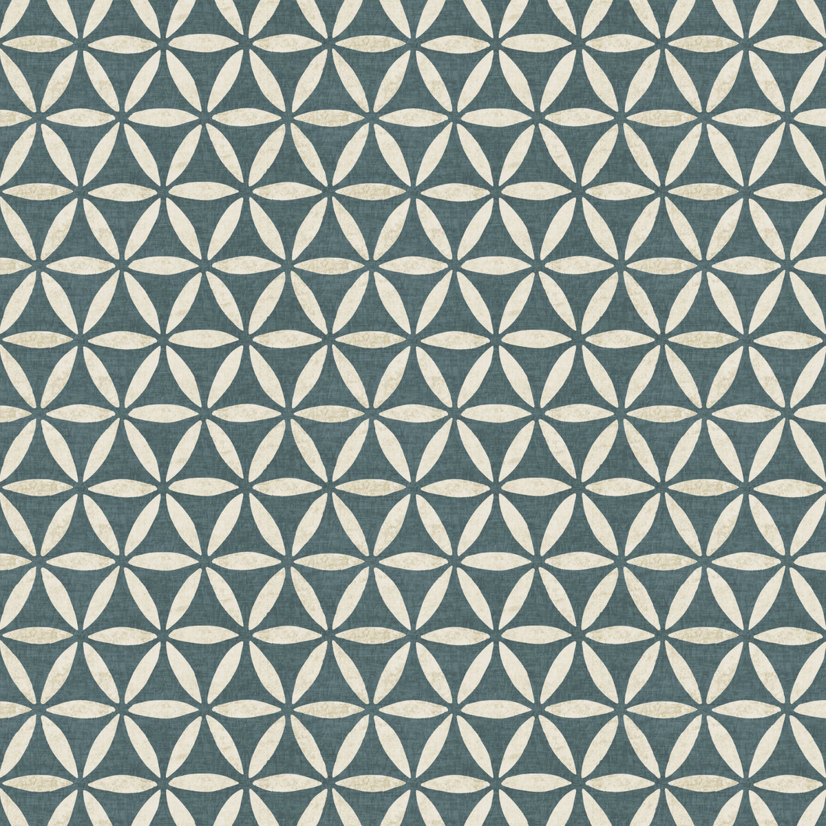 Geometric wallpaper close up pattern detail in teal blue and cream showing interlocking circles