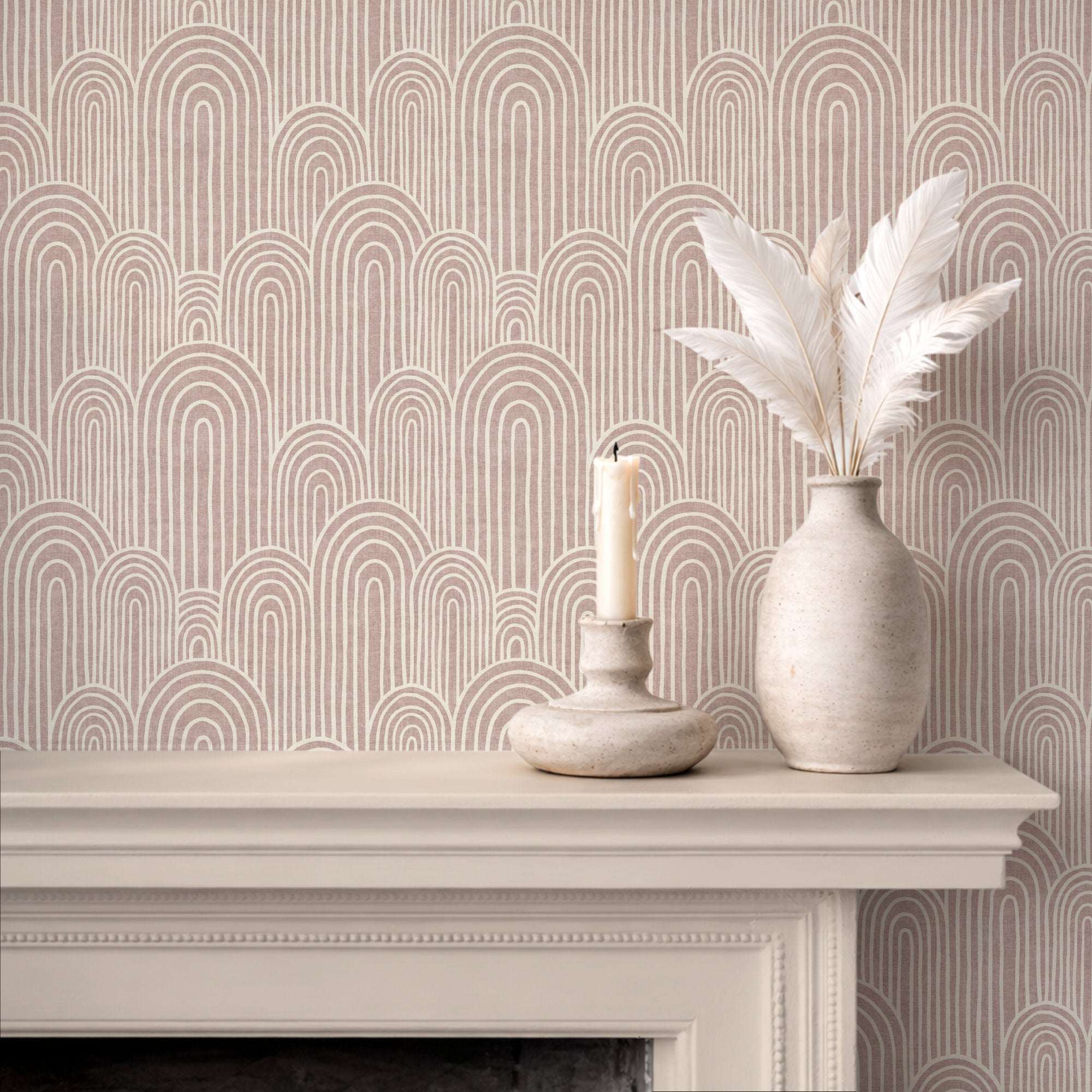 Arches wallpaper with layered arch lines repeating across the wall in beige and green.