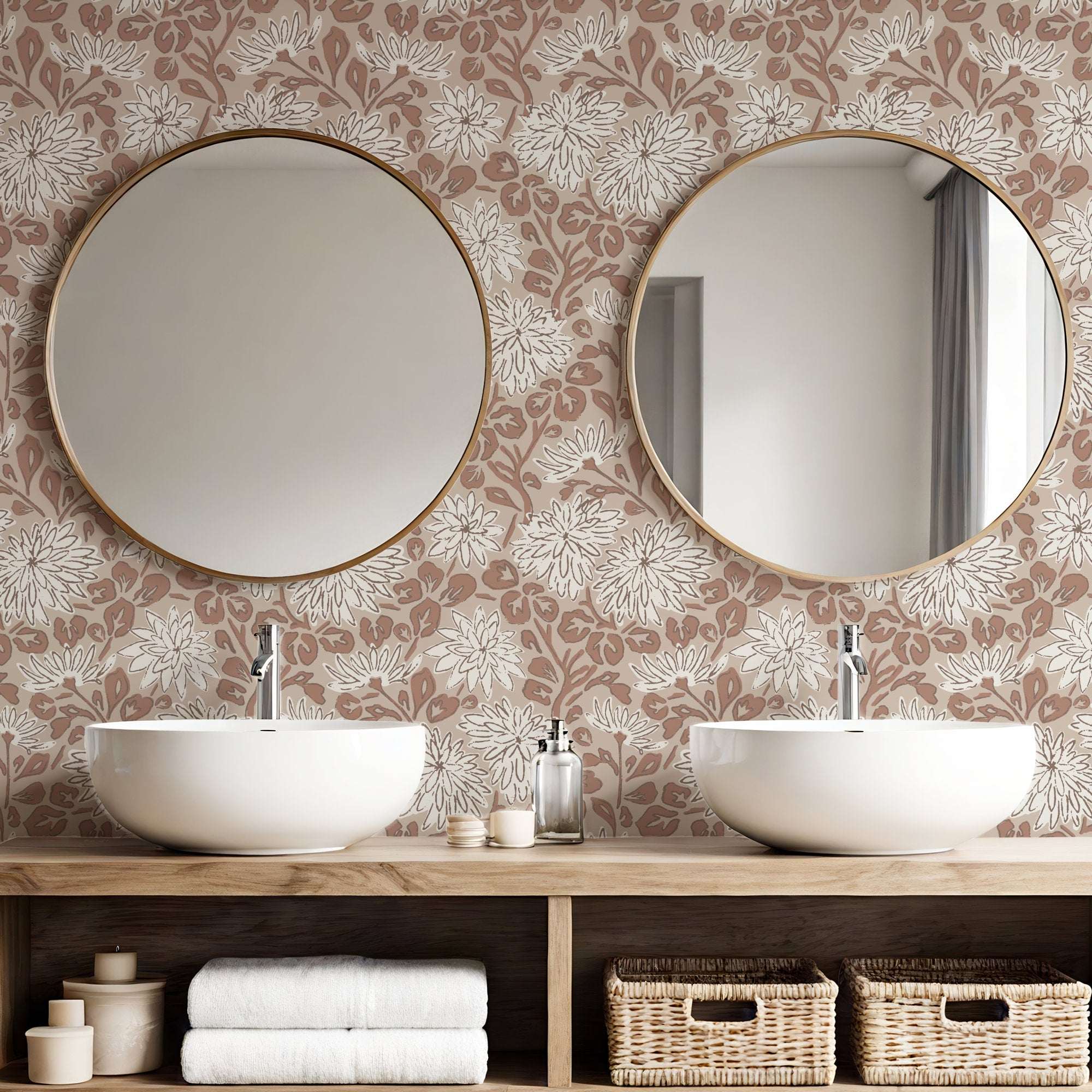 Brown and beige sketchy floral wallpaper with hand-drawn dahlias and leafy stems