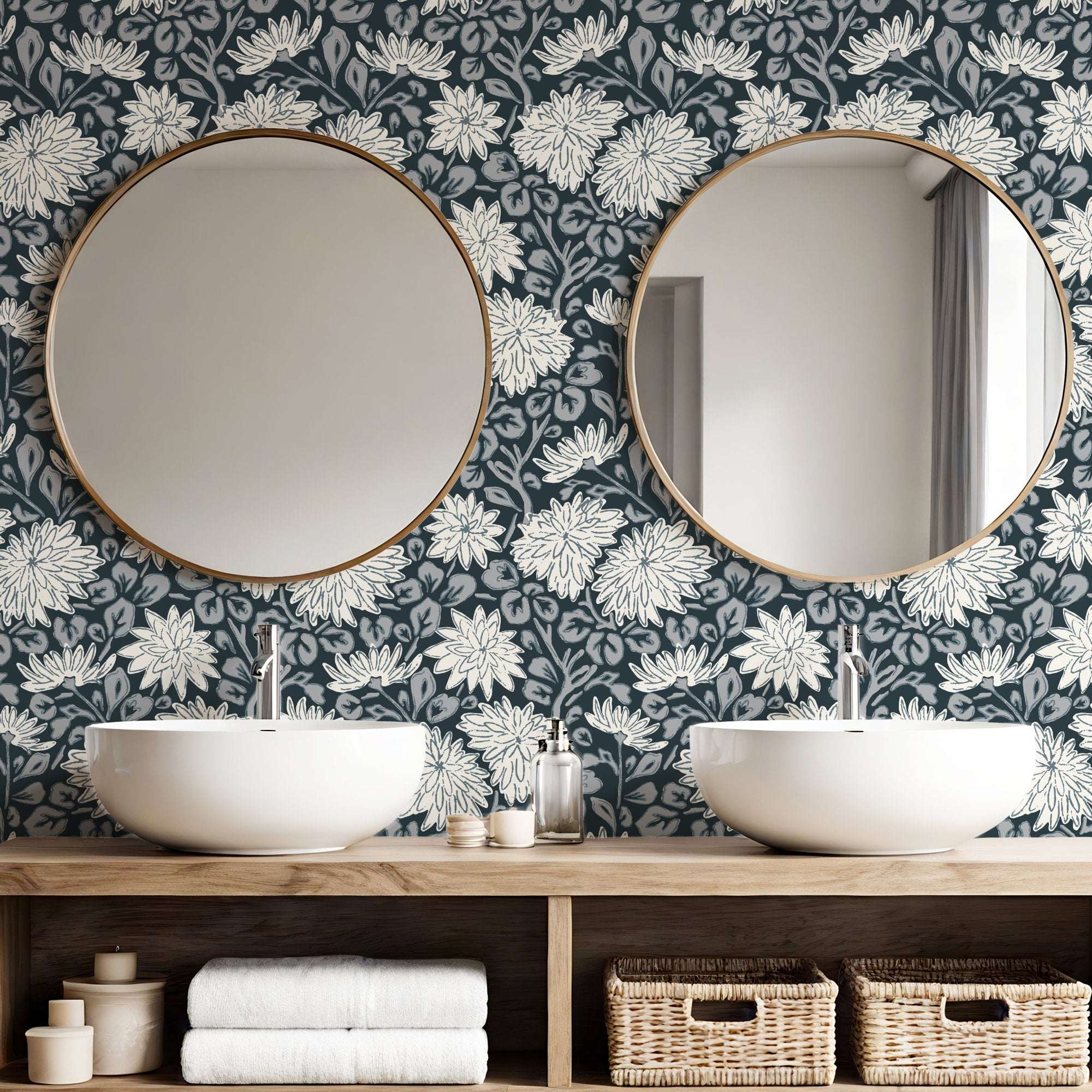 Dark blue floral wallpaper with white dahlias and leafy sprigs repeat pattern