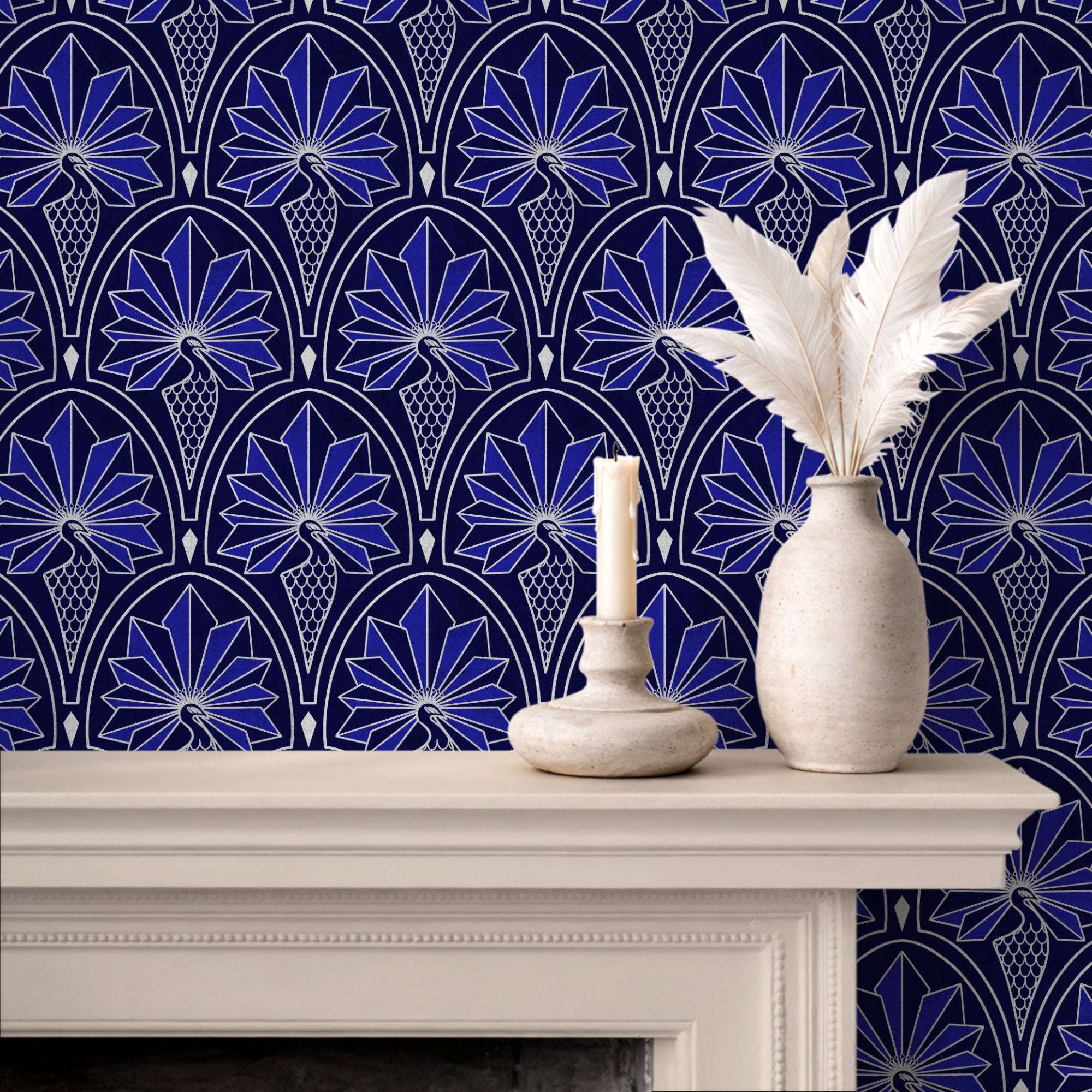 Art Deco wallpaper with peacock feather and fan motifs on blue background with silver patterning.