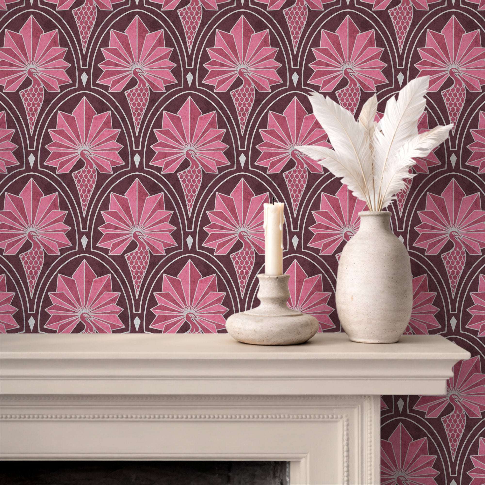 Art Deco wallpaper with peacock feather and fan motifs on pink background with dark outlines.