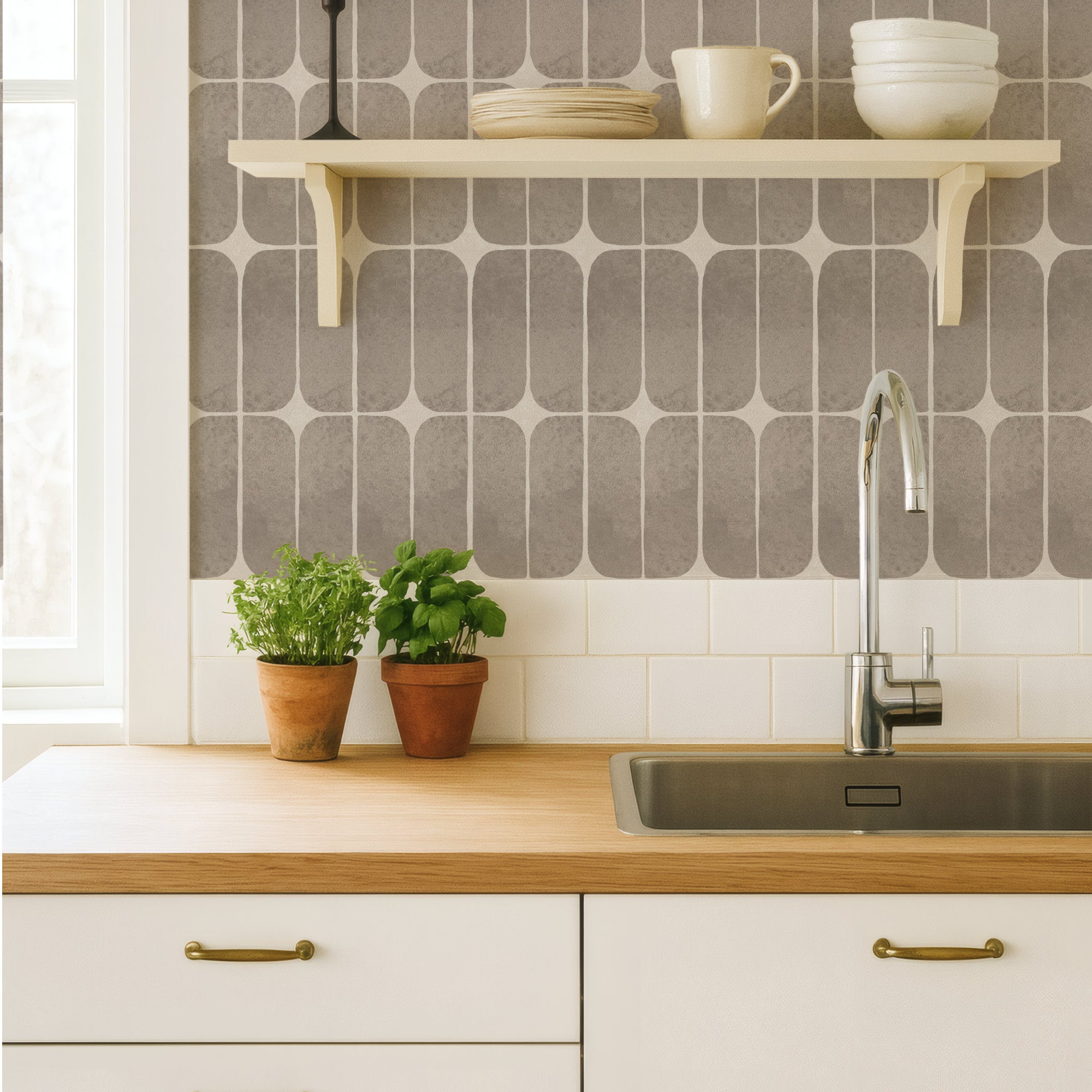 Stone grey retro tile wallpaper as a kitchen backsplash with open shelving