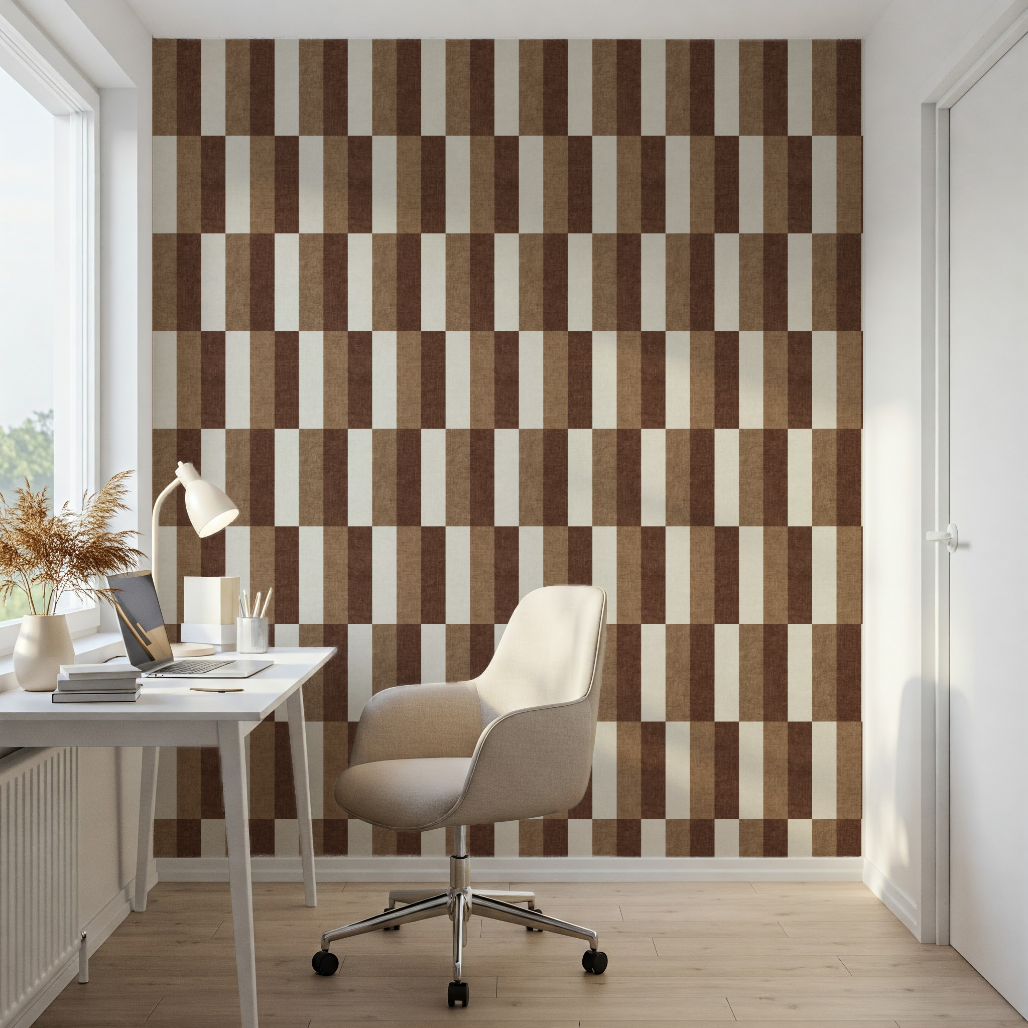 Tan and Brown Retro Wide Striped Wallpaper in modern home office with desk and chair