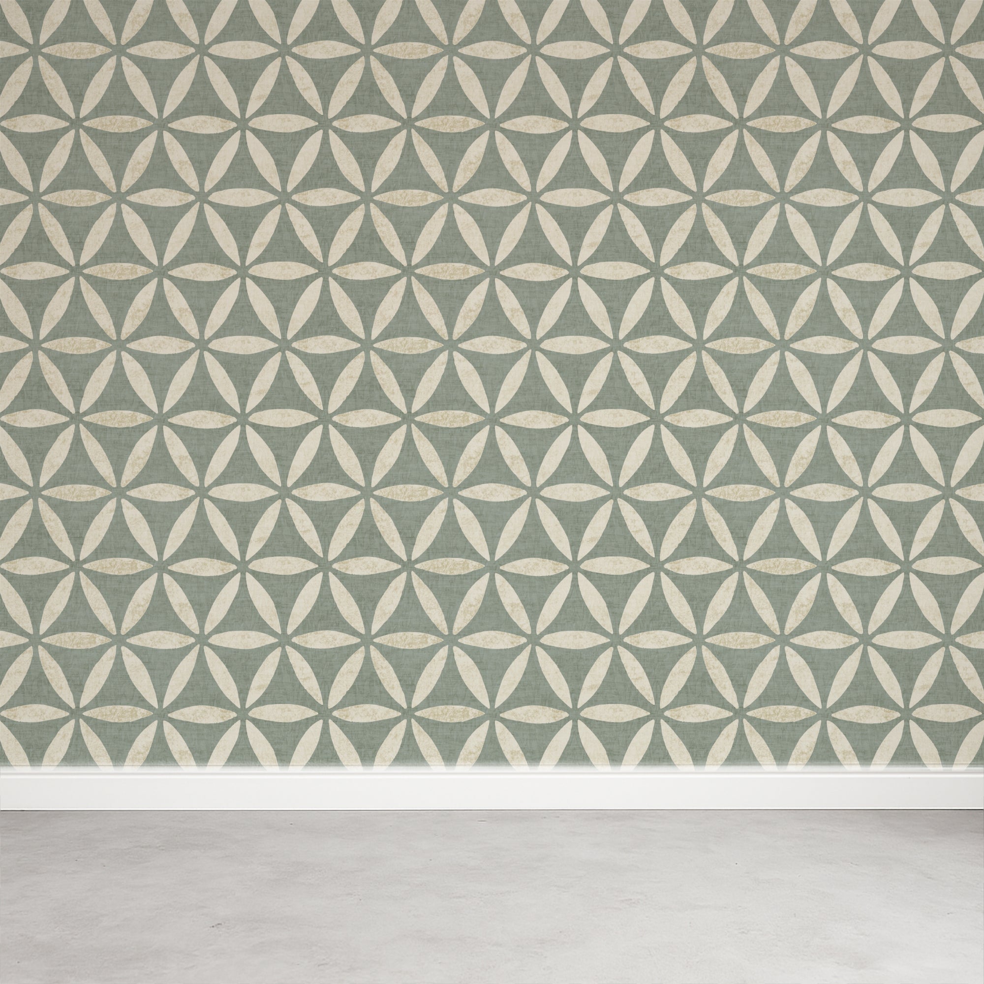 Green geometric wallpaper with classic flower of life circles on a feature wall