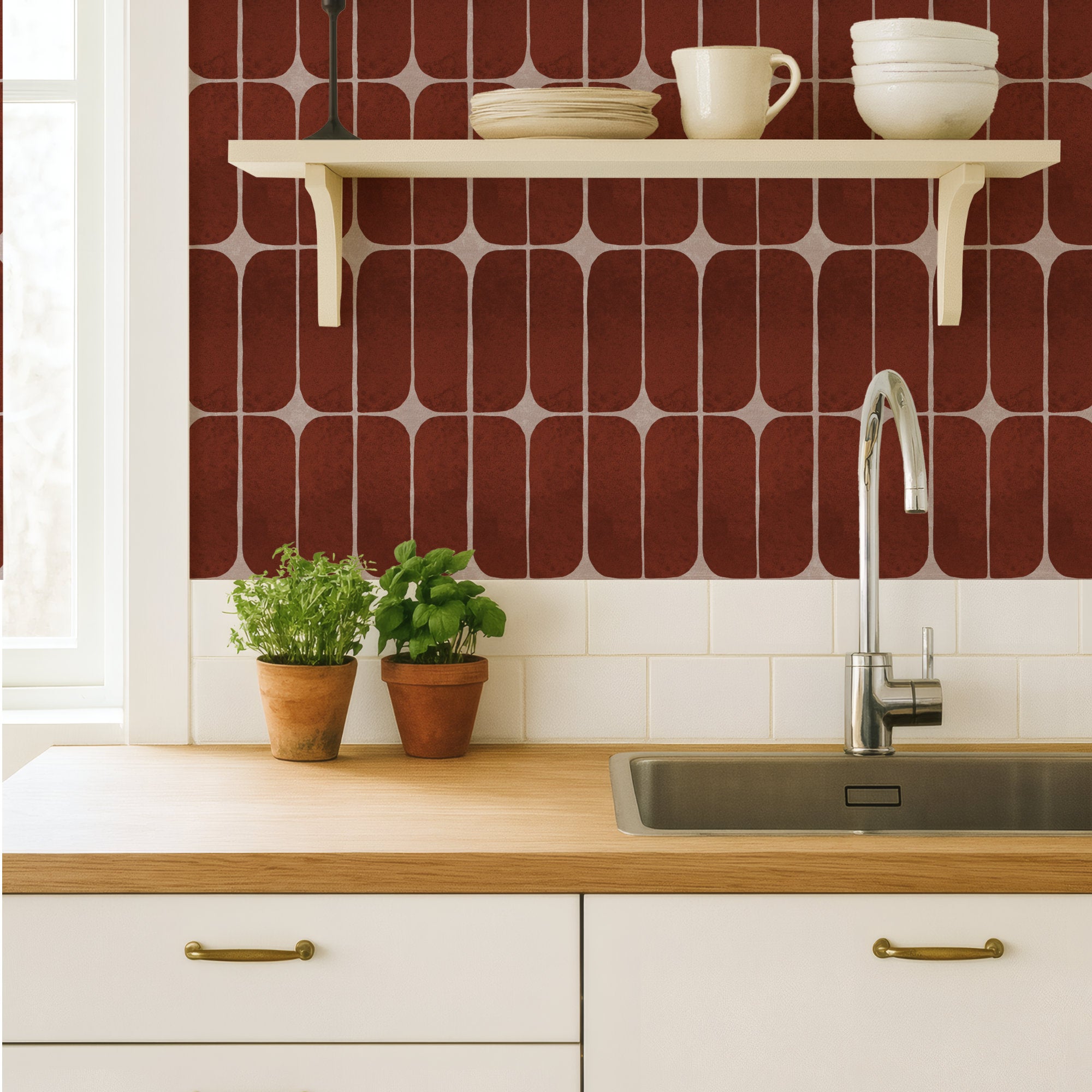 Terracotta retro tile wallpaper as a kitchen backsplash behind a sink and shelf