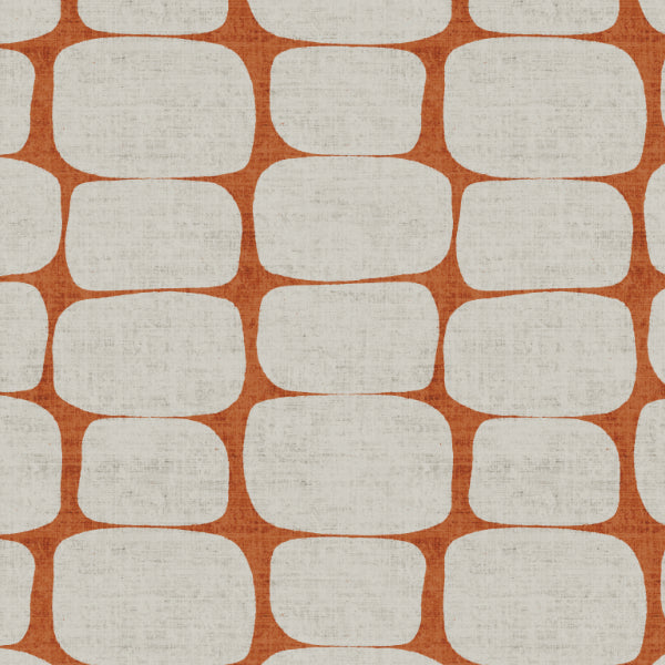 Mid-century modern geometric wallpaper close up showing pebble pattern and linen texture in Terracotta