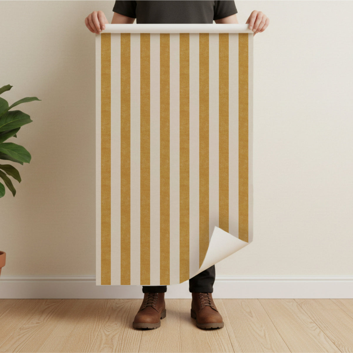 Yellow Wide stripe wallpaper roll being held to show scale, peel and stick wallpaper, bold vertical stripe design