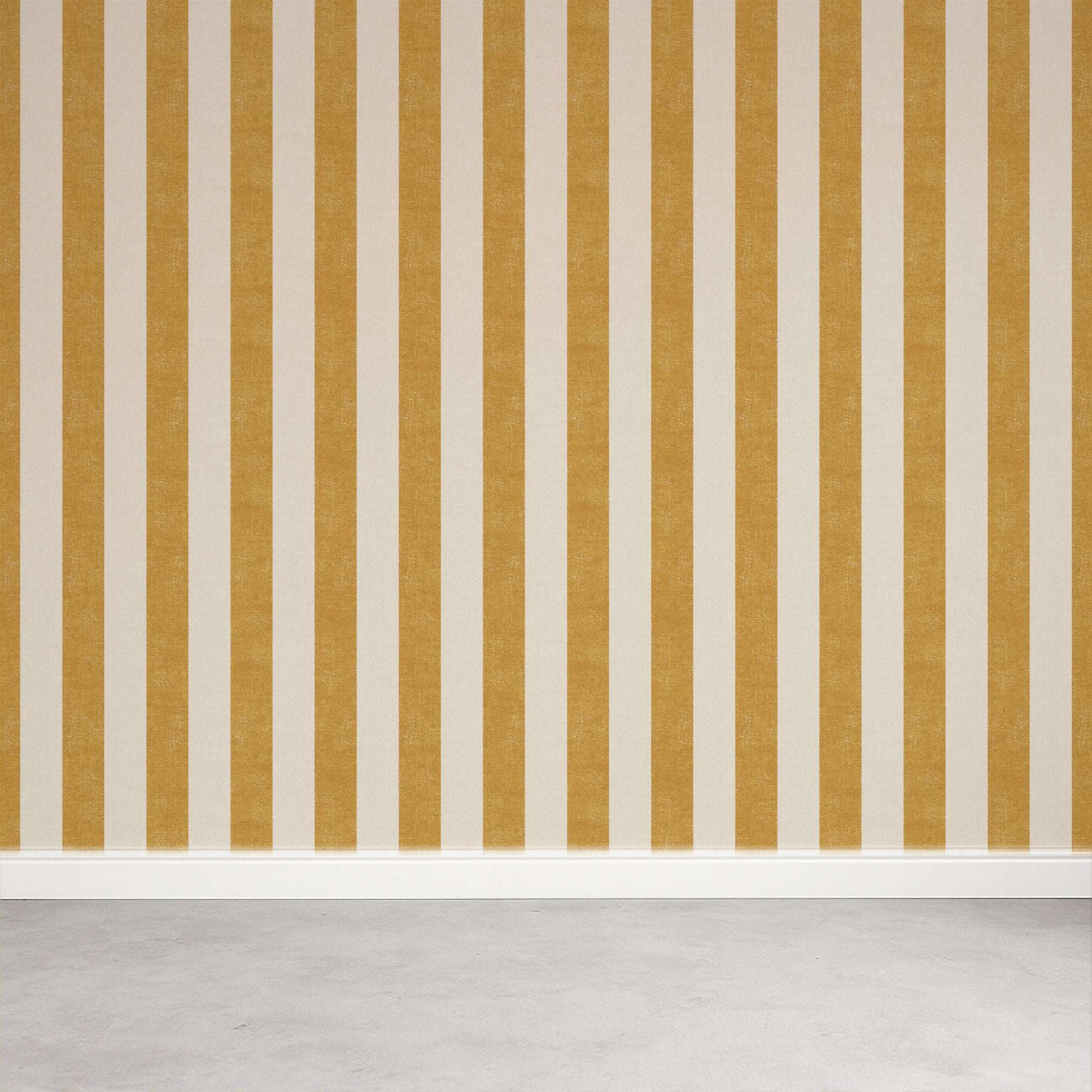 Textured extra-wide vertical stripe wallpaper with mustard and cream stripes