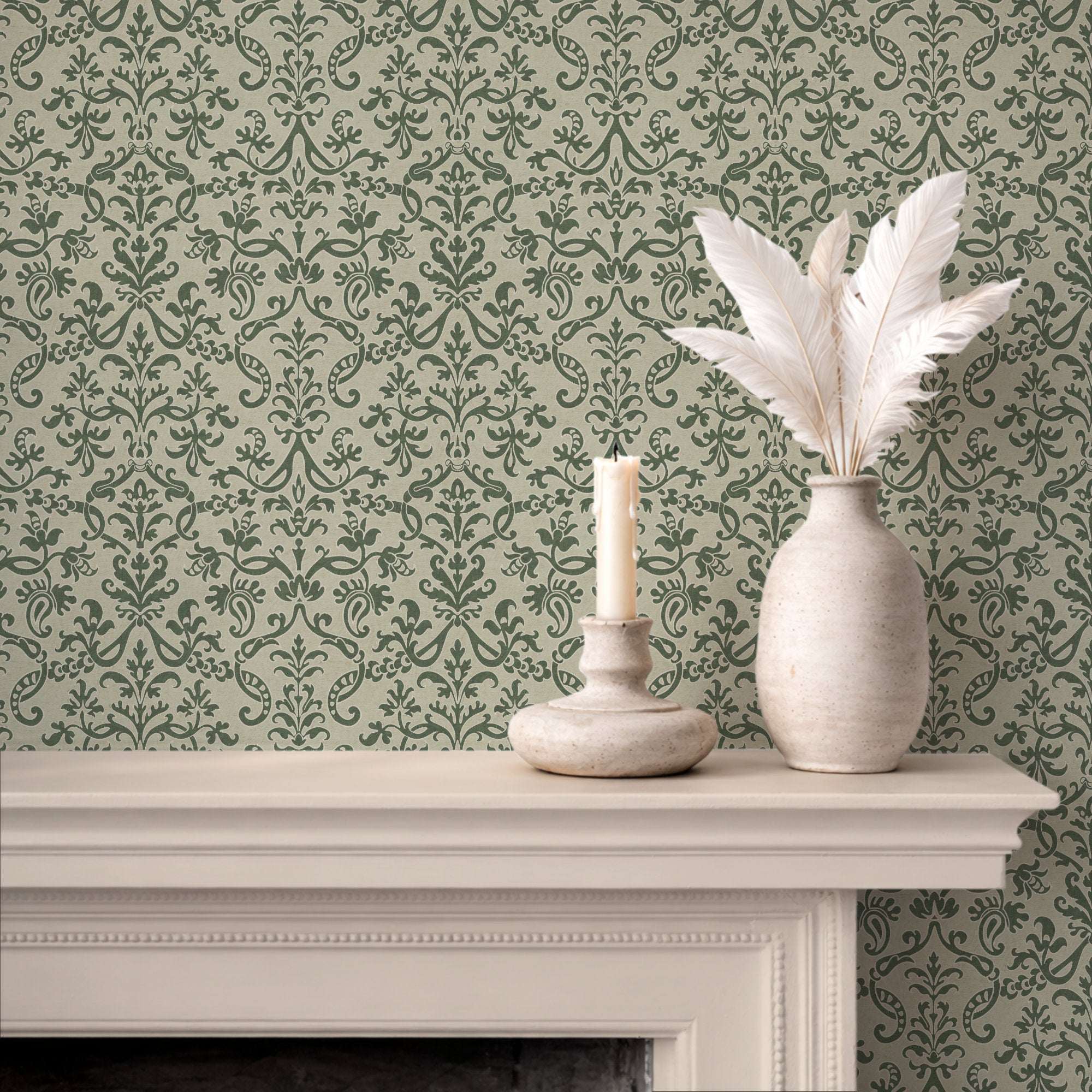 Floral damask wallpaper with green scroll and ornamental medallion pattern