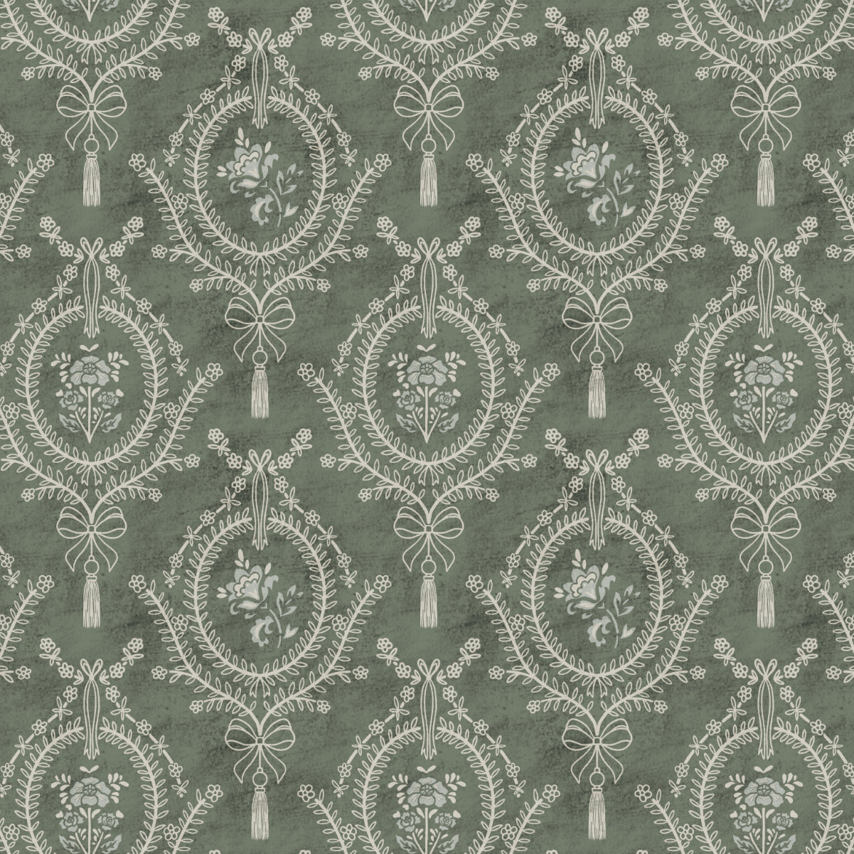 Decorative floral ornament pattern with circular designs featuring bows and floral elements on a green background