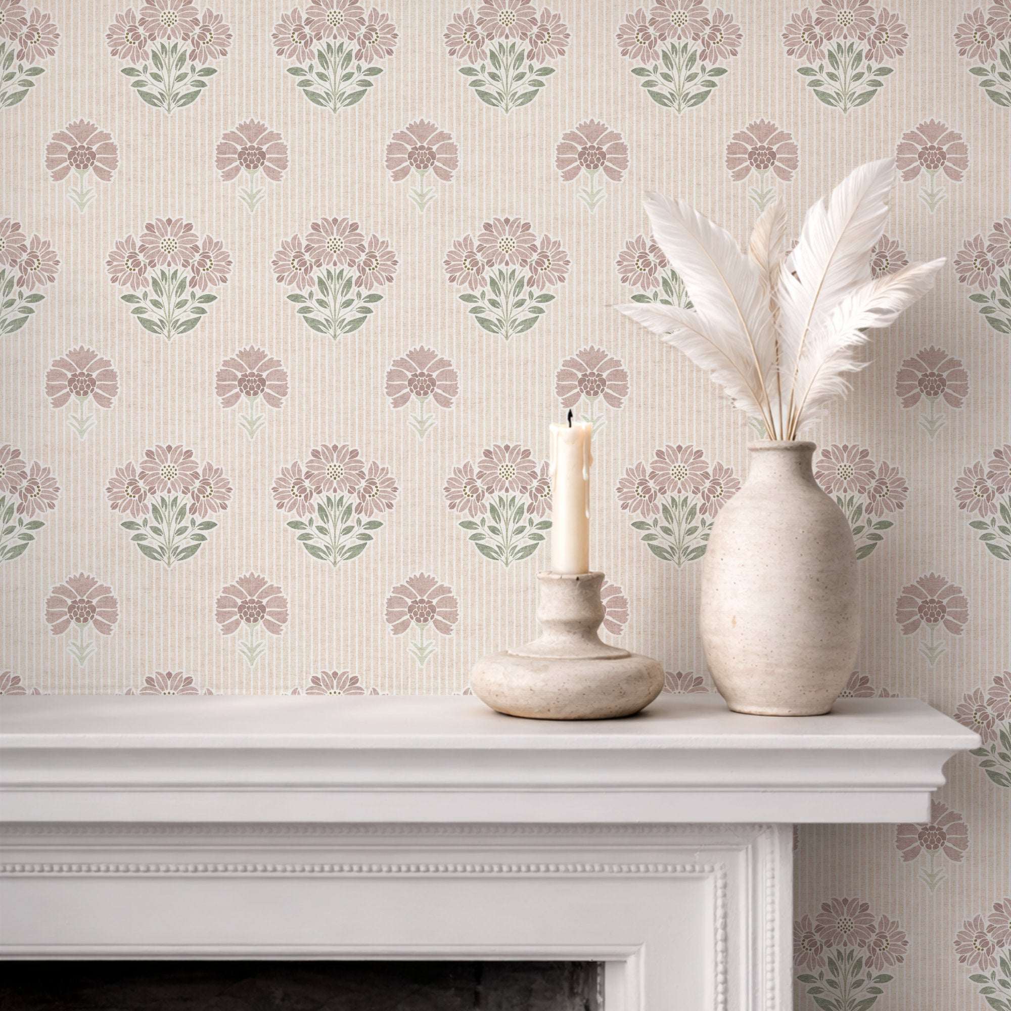 Floral wallpaper wall with repeating pinkish-purple, yellow, and blue blossoms on cream stripes
