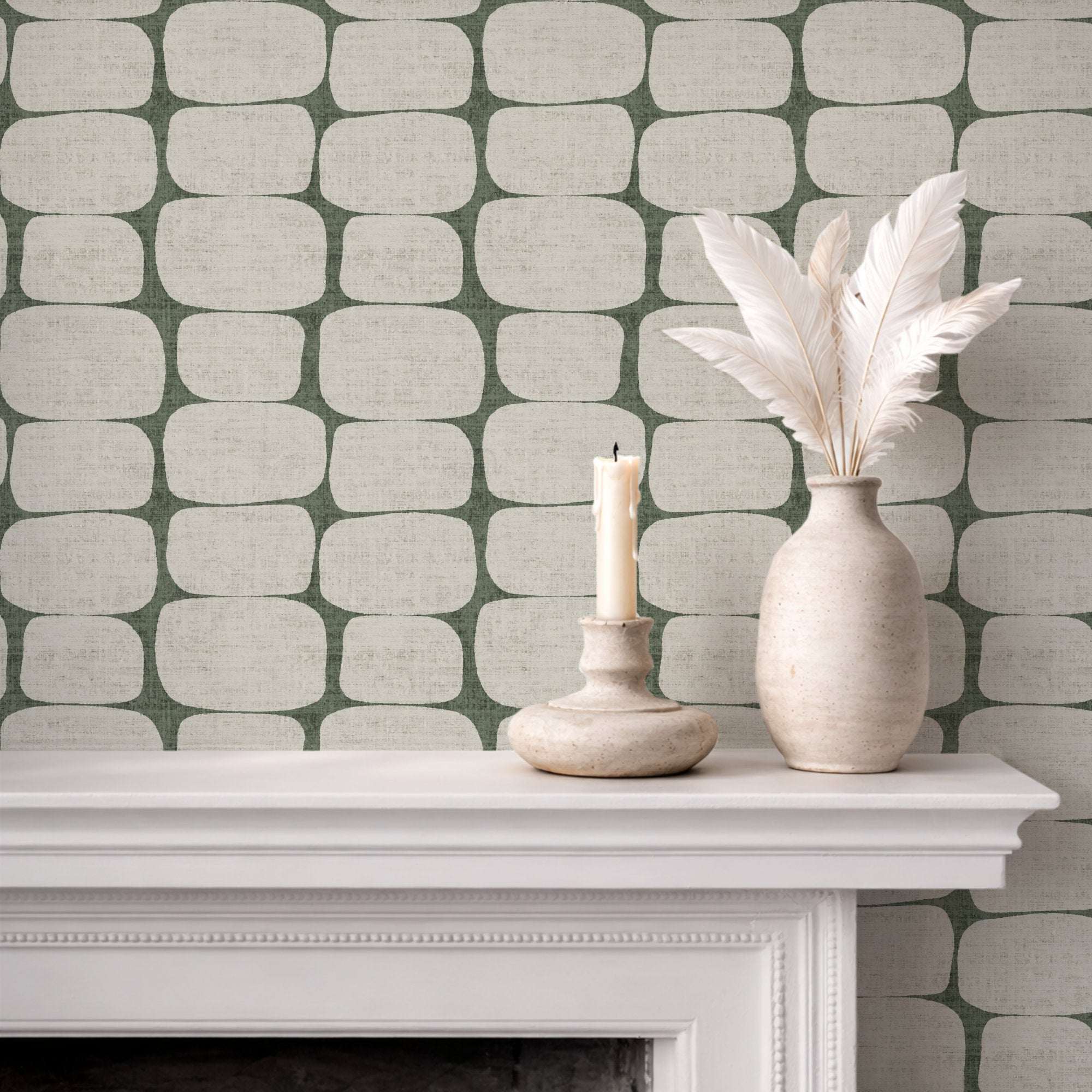Wallpaper with muted green geometric pebble stripe pattern and rounded rectangular motifs.