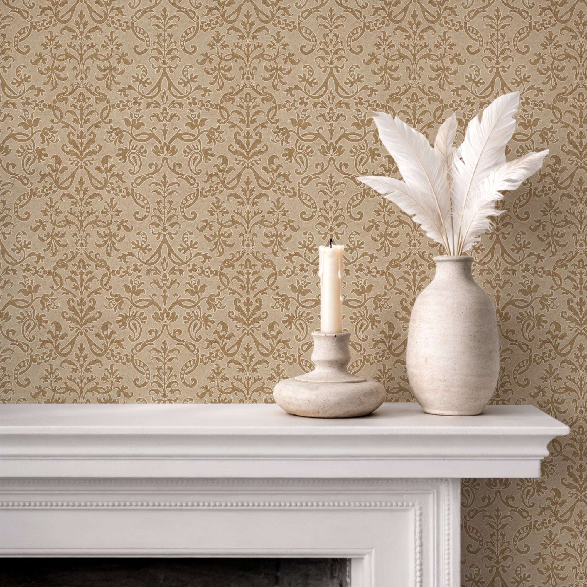 Floral damask wallpaper in tan with repeating ornate damask scroll pattern